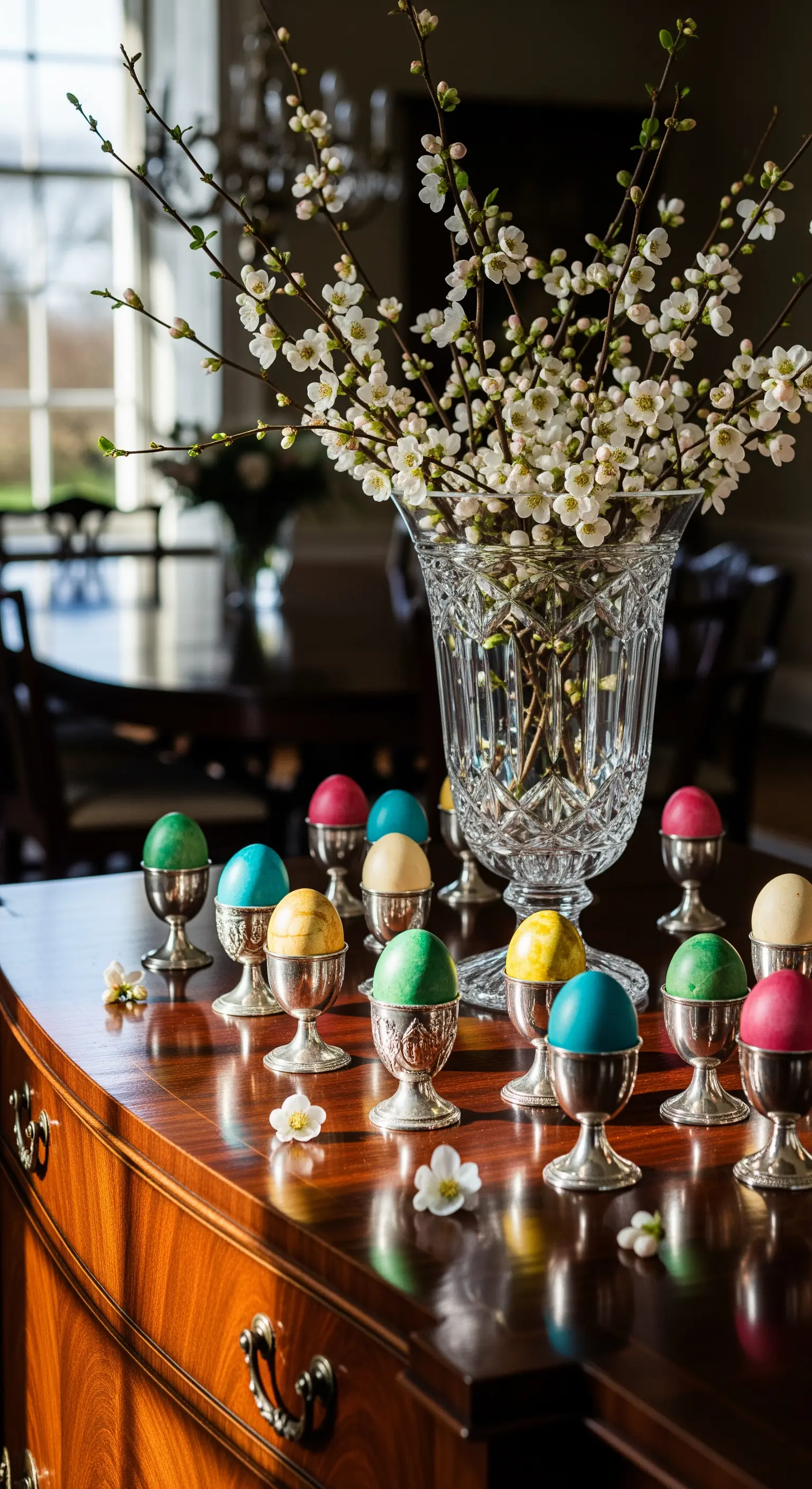 Sideboard mit Kristallvase, weißen Kirschblüten und silbernen Eierbechern mit bunten Eiern.
