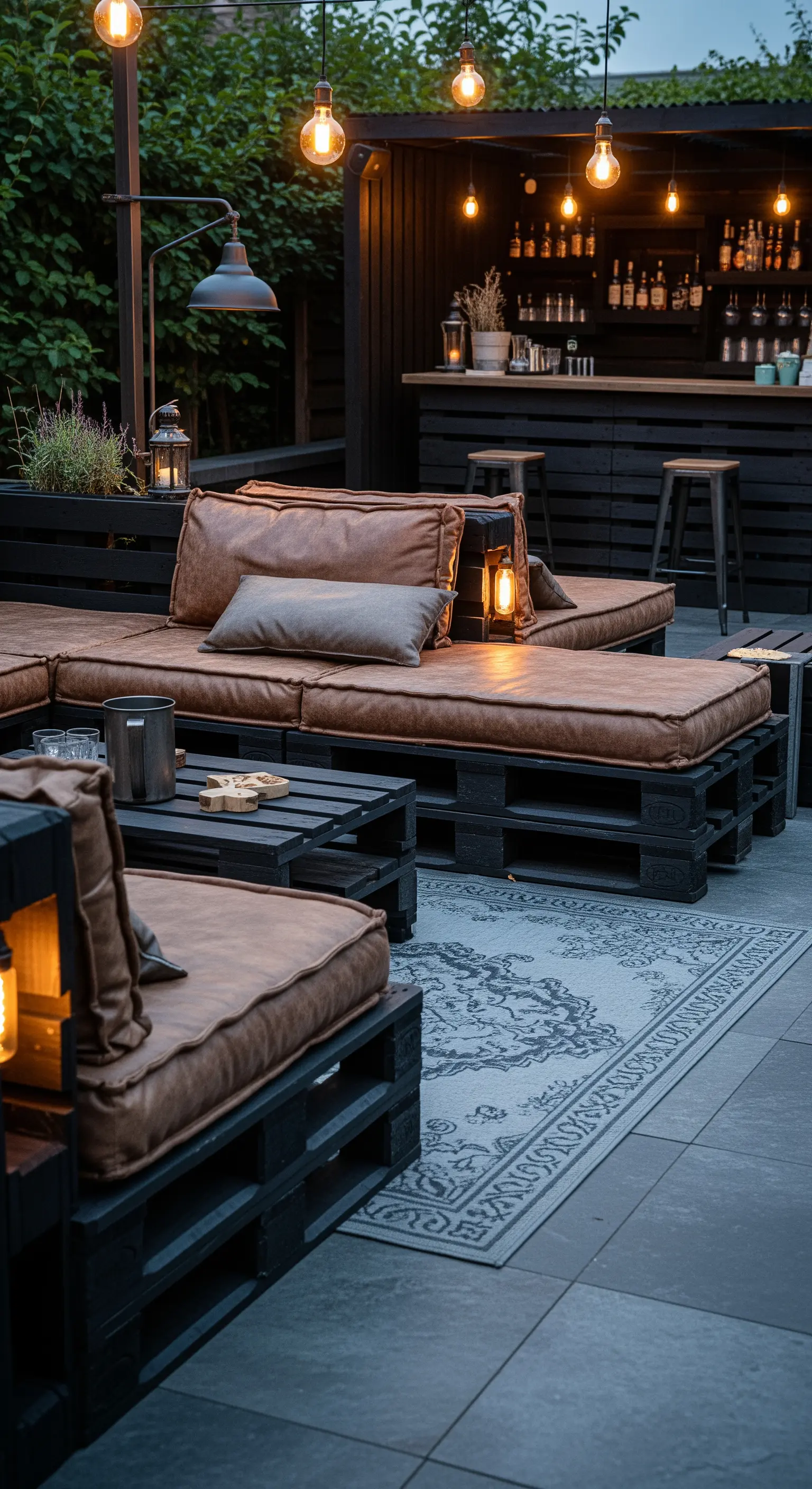 Schwarze Palettenlounge mit braunen Lederkissen, grauem Teppich und Outdoor-Bar mit Edison-Birnen.
