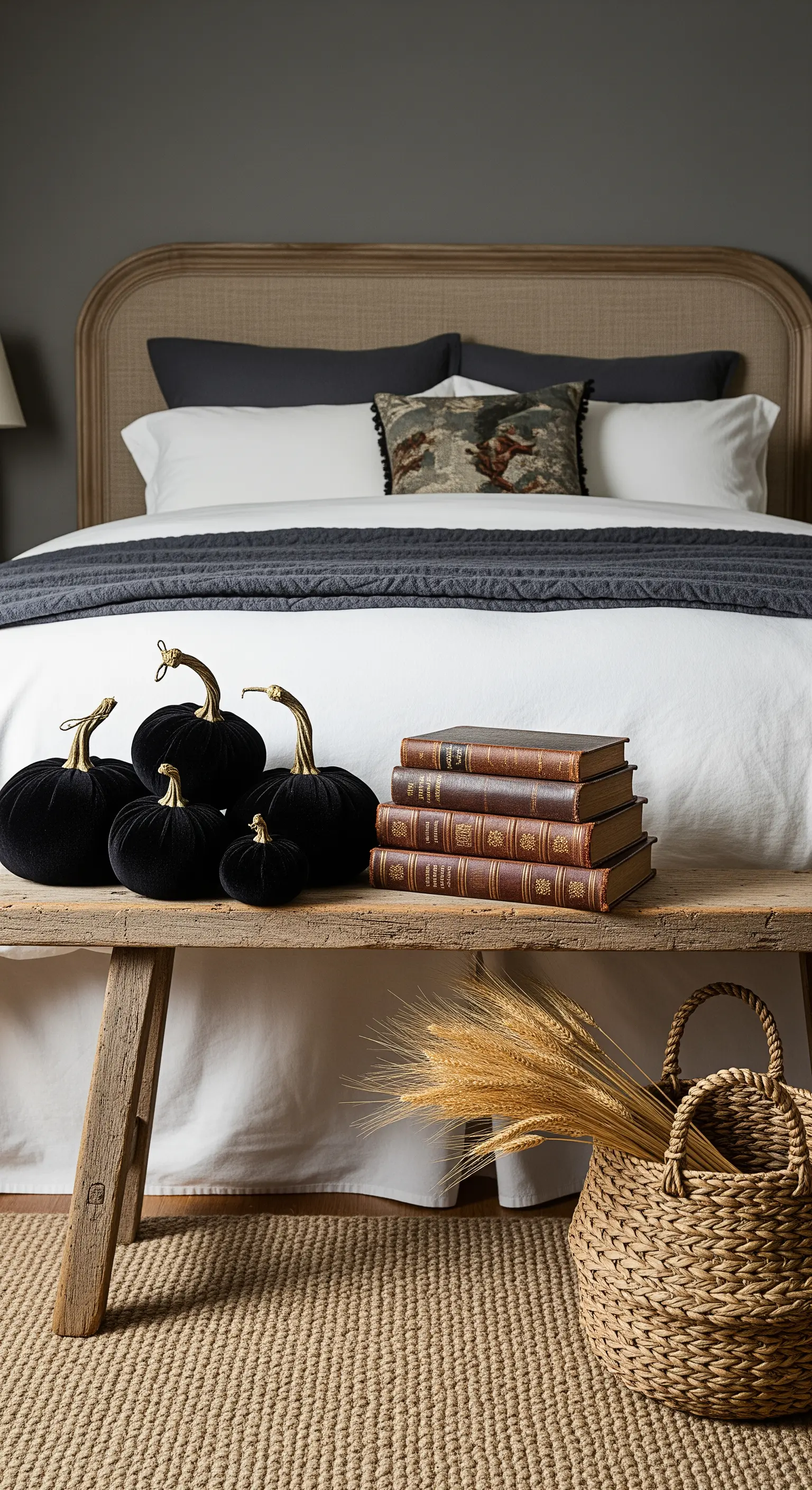 Schwarze Samt-Kürbisse und Vintage-Bücher auf Holzbank im Schlafzimmer