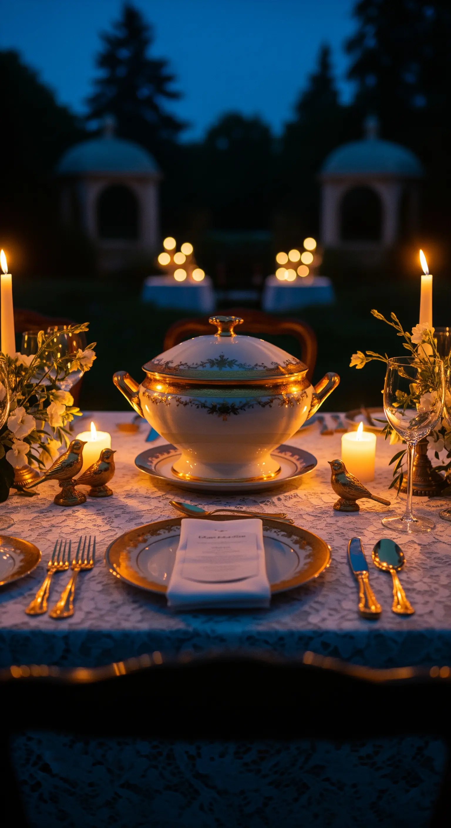 Suppenterrine mit Goldverzierungen als Mittelpunkt auf Spitzendecke bei Kerzenschein