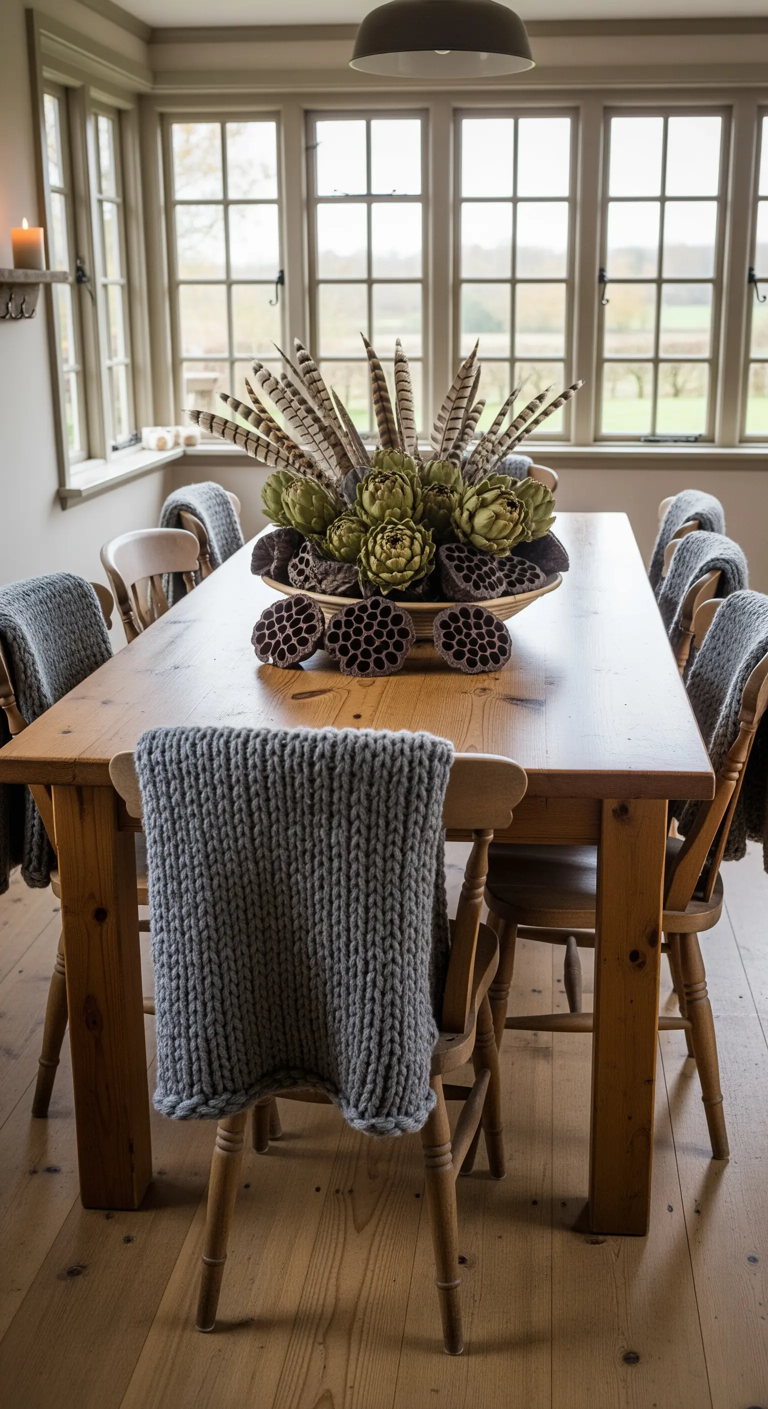 Getrocknete Artischocken, Federn, Lotuskolben in Holzschale, Strickdecken auf Stühlen für edle Herbst-Dafel.