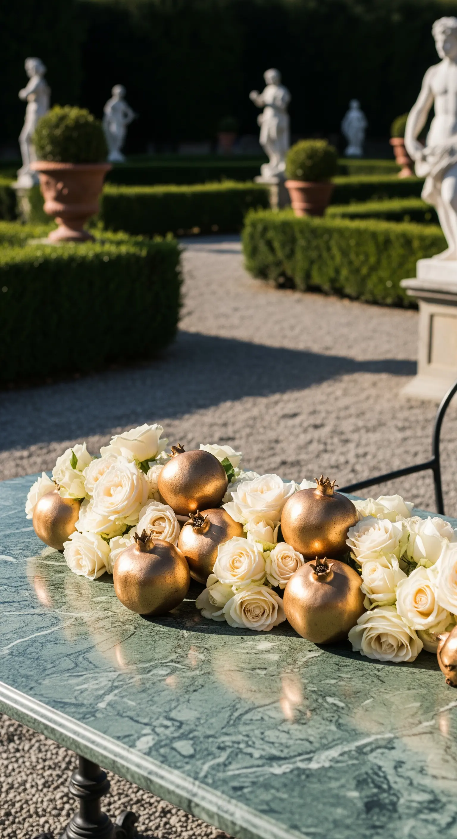 Grüner Marmortisch mit goldenen Granatäpfeln und weißen Rosen im formalen Garten.