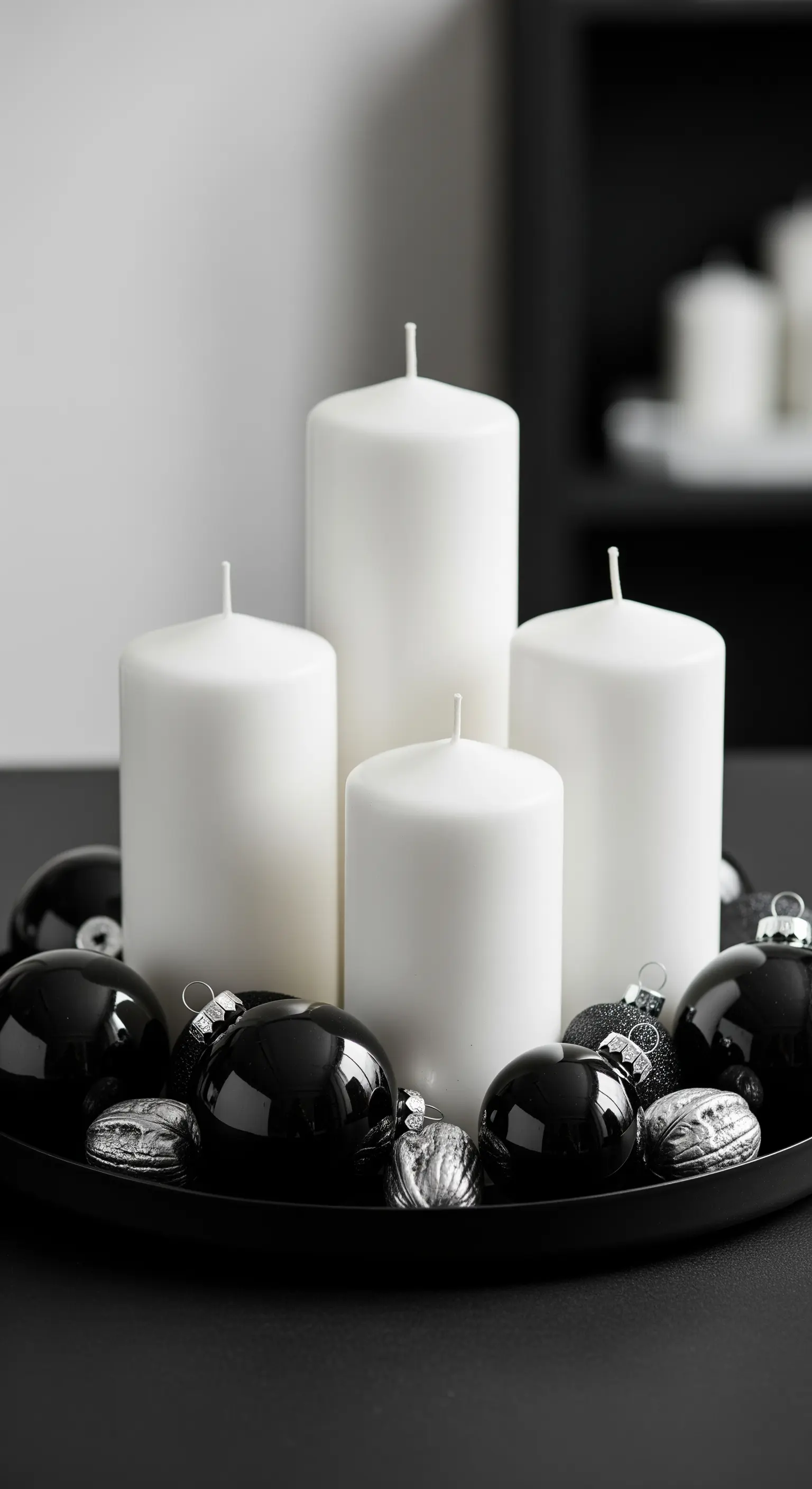 Schwarzes Tablett mit weißen Kerzen, schwarzen und silbernen Weihnachtskugeln.