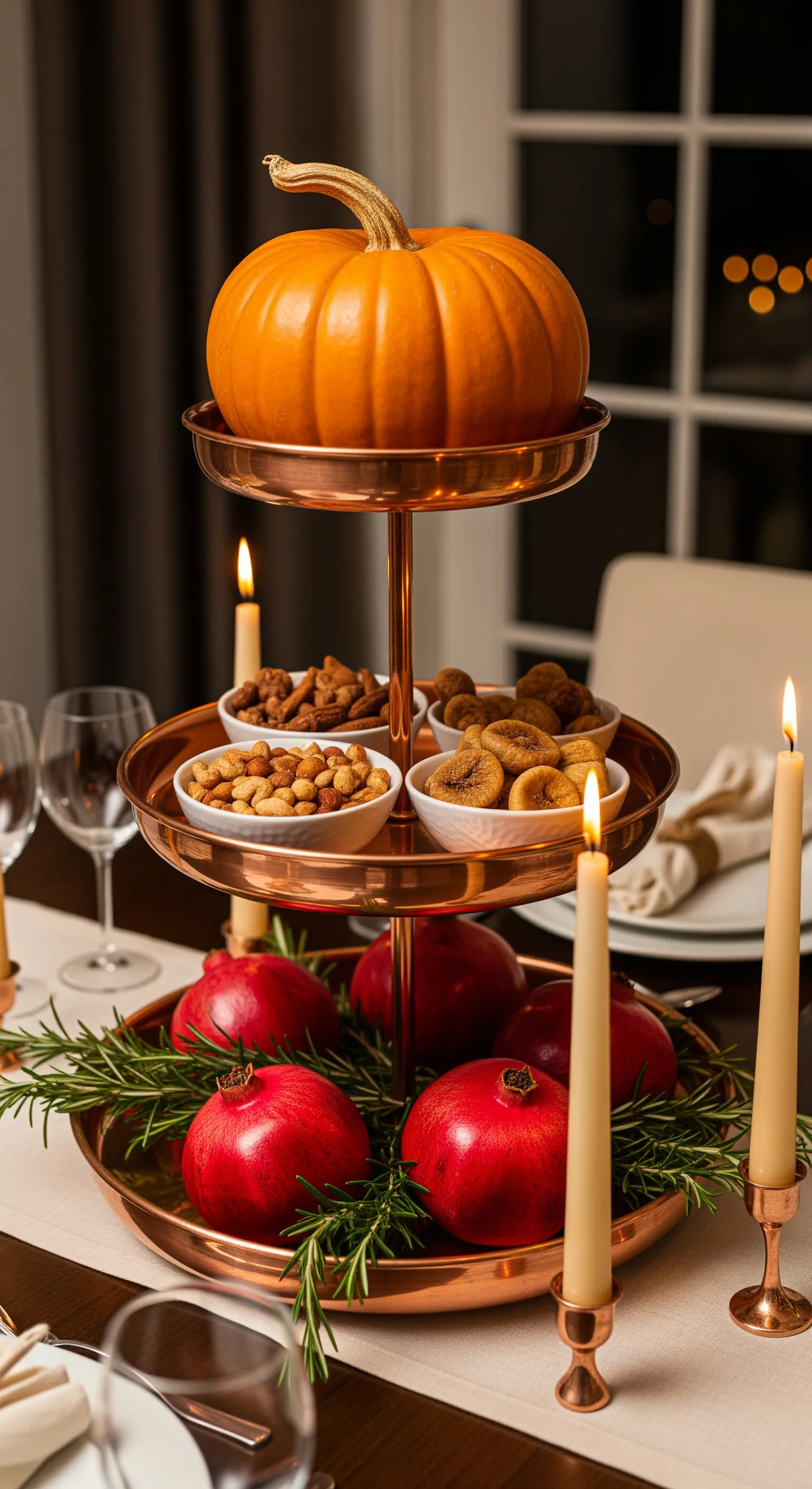 Kupfer-Etagere mit Kürbis, Granatäpfeln und Snacks als herbstliches Centerpiece