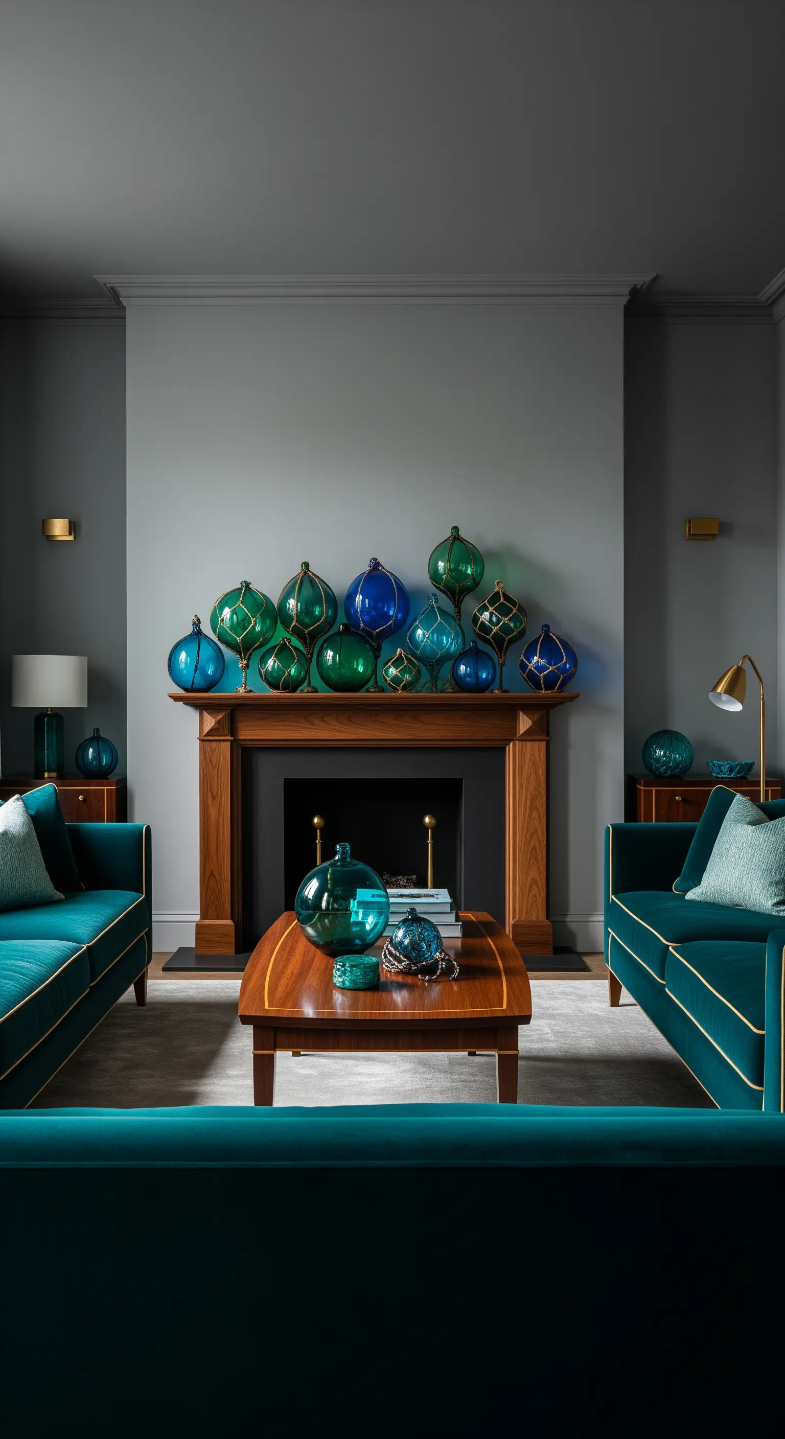 Edles Wohnzimmer, Türkise Sofas, Holzmöbel, Glasdeko, Kamin, Symmetrie