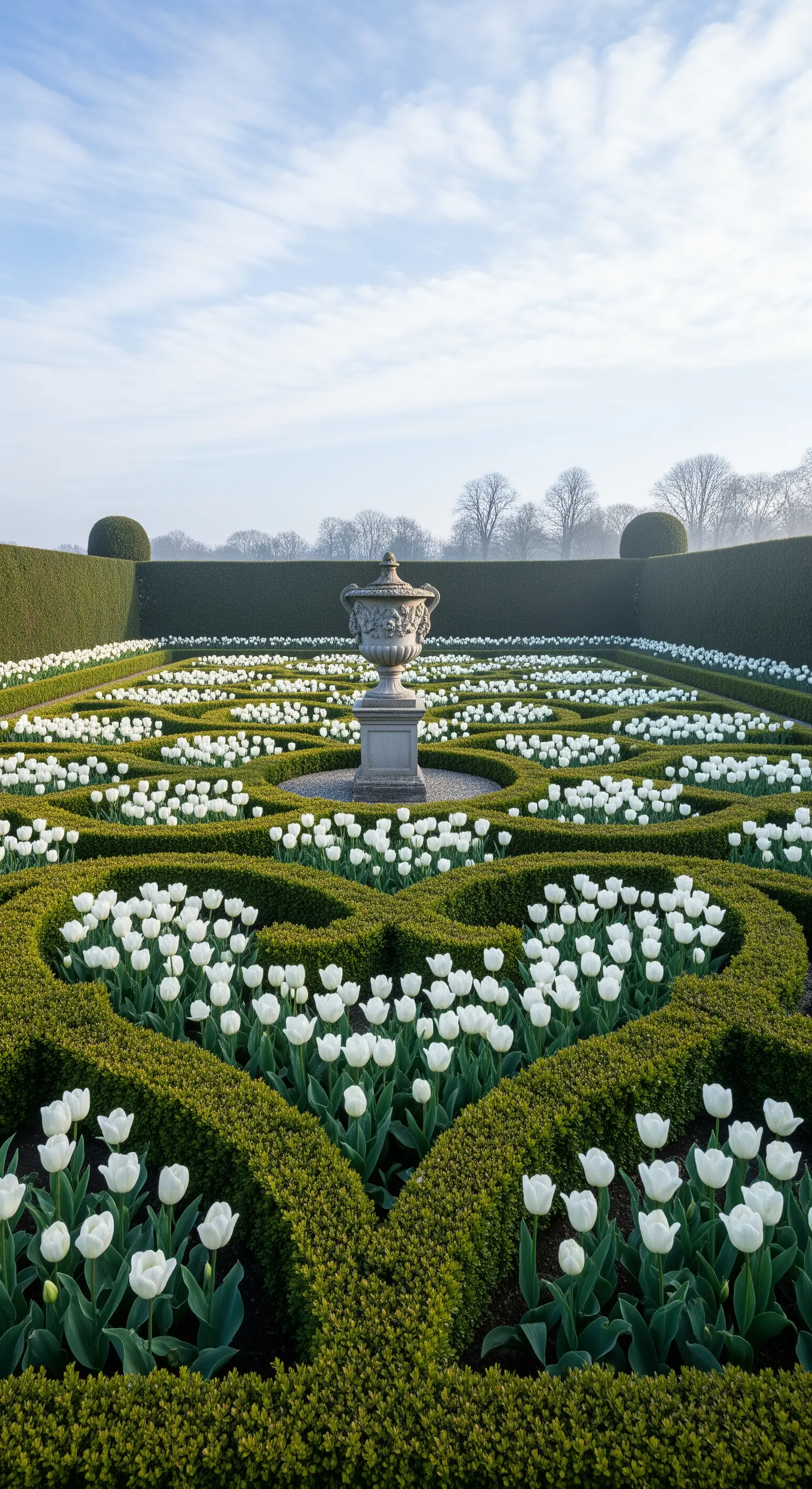 Formales Parterre mit weißen Tulpen und Buchsbaumhecken, zentraler Steinurne
