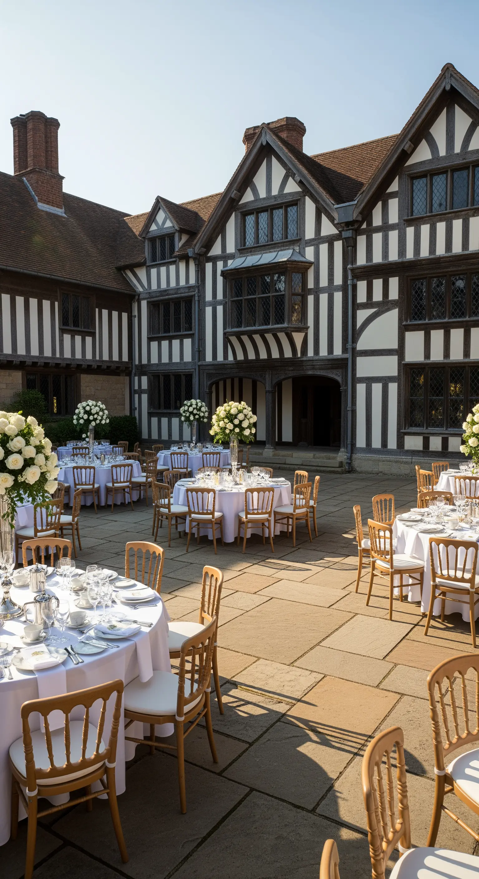 Runde Tische mit weißen Rosenarrangements in historischem Tudor-Hof