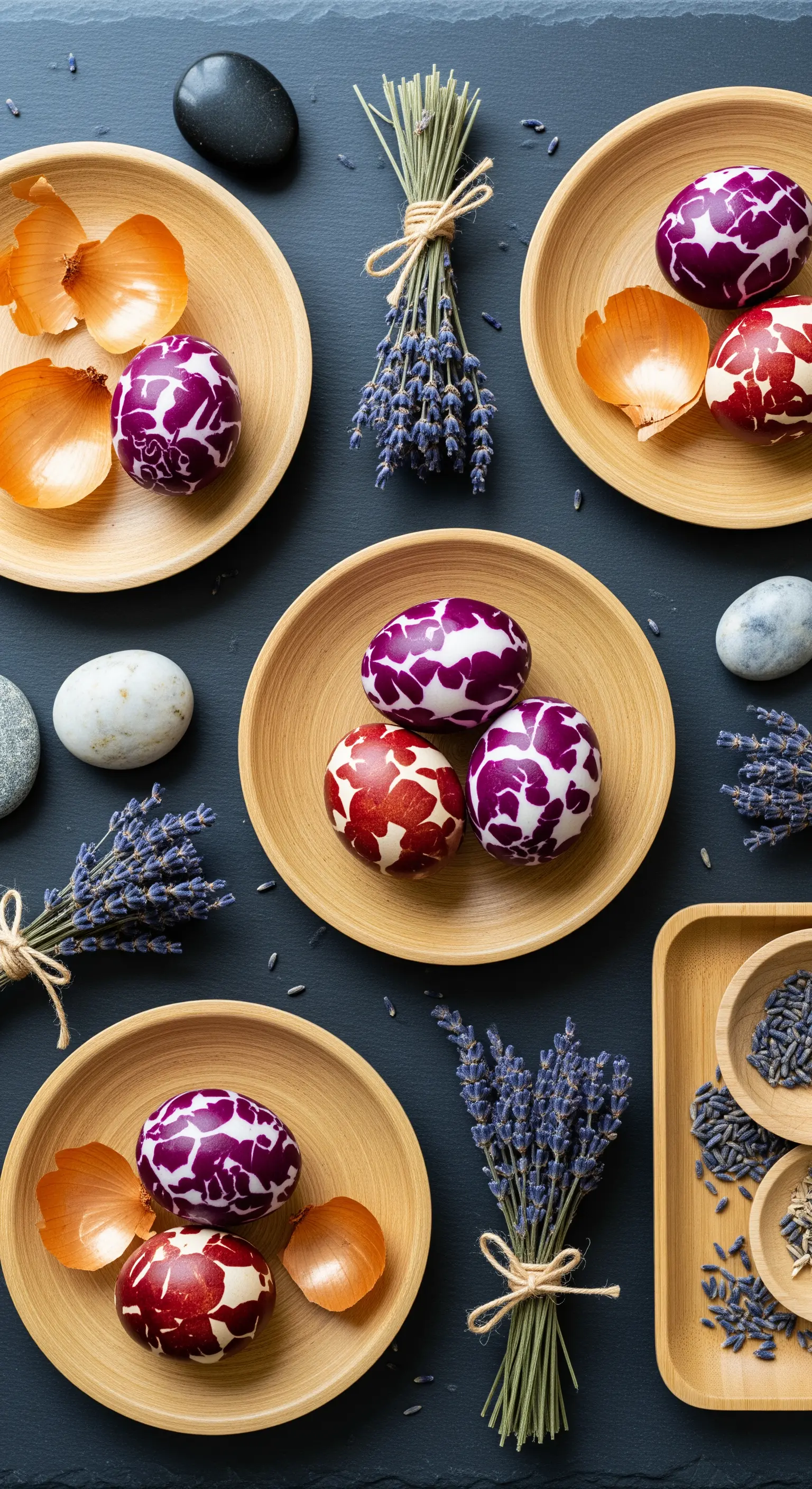 Natürlich gefärbte Ostereier mit Lavendel und Zwiebelschalen auf Holztellern