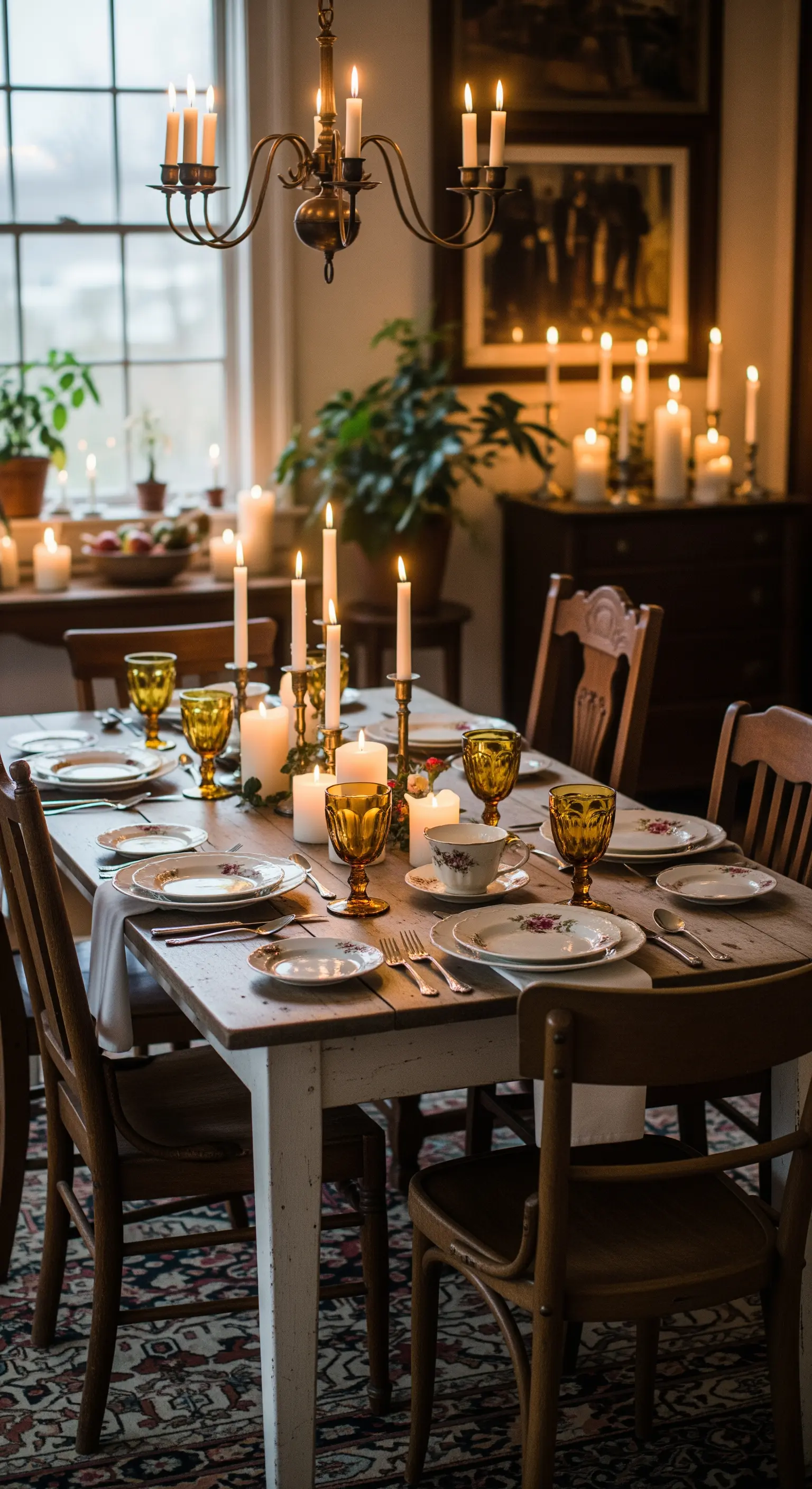 Romantisch gedeckter Esstisch, der ausschließlich von zahlreichen Kerzen beleuchtet wird.