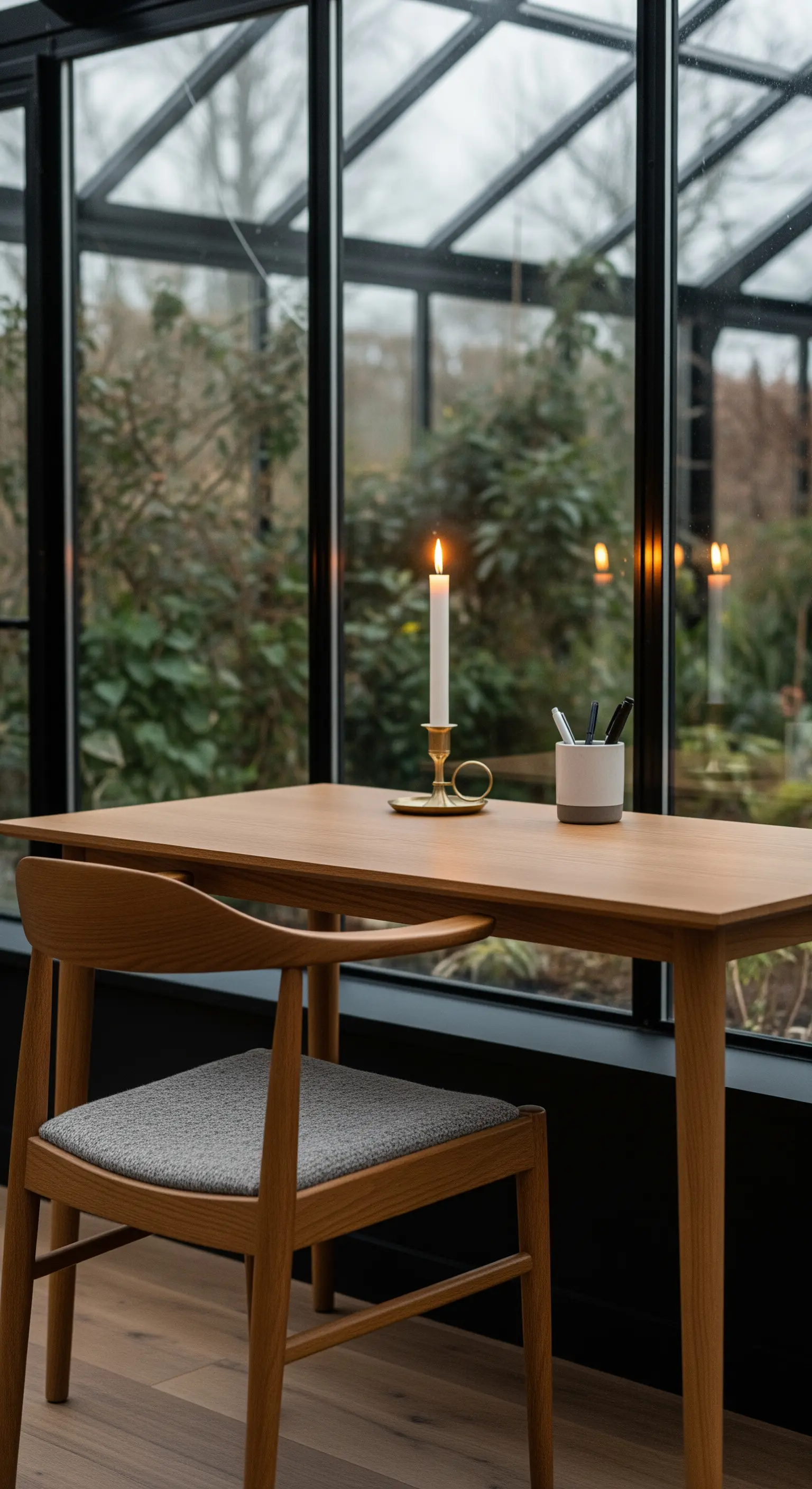 Minimalistischer Schreibtisch am Fenster mit Blick in den Garten und einer Kerze.