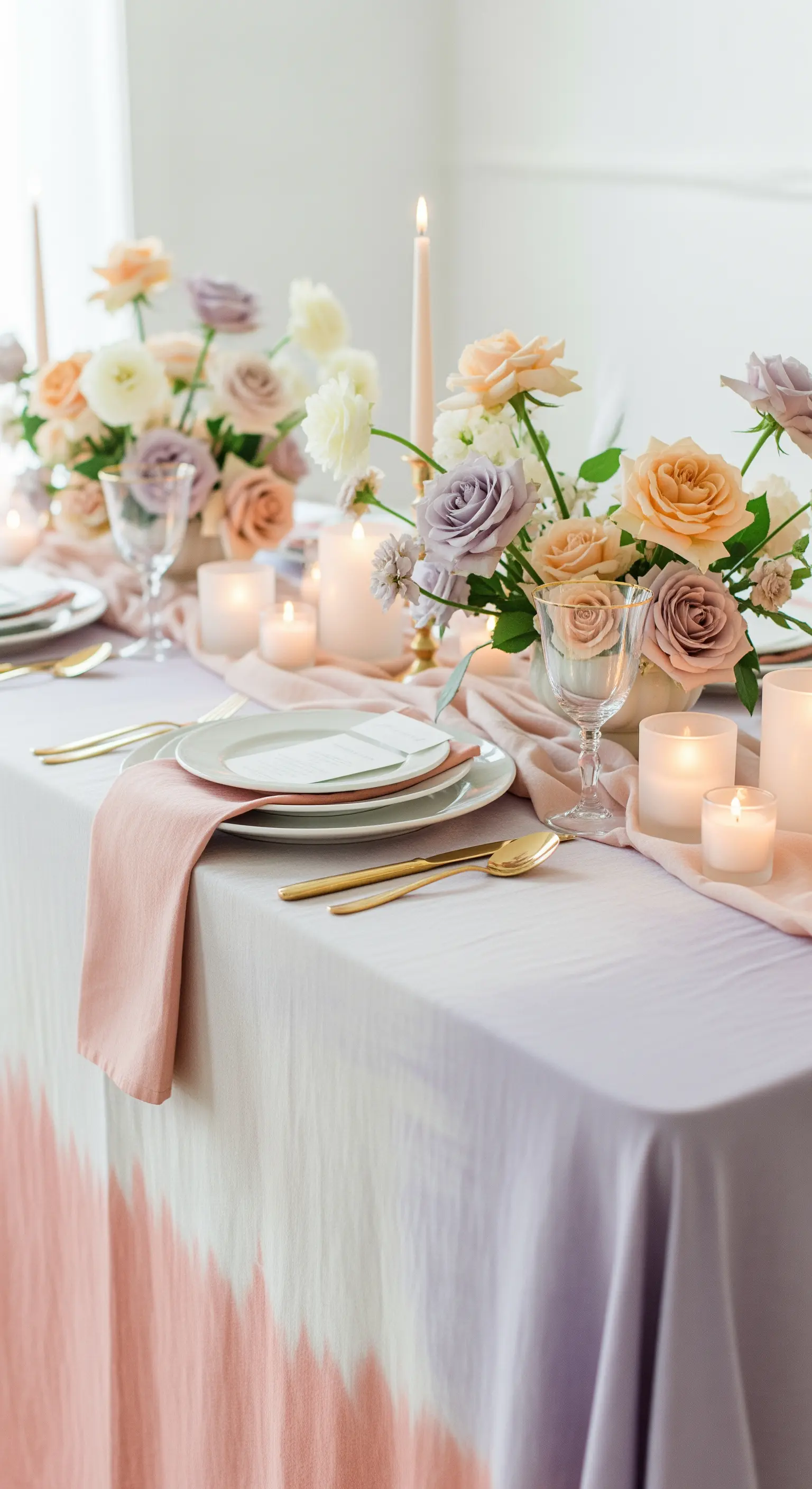 Zarte Tischdeko in Pastellfarben mit Ombré-Tischdecke und Rosen in Mauve-Tönen.