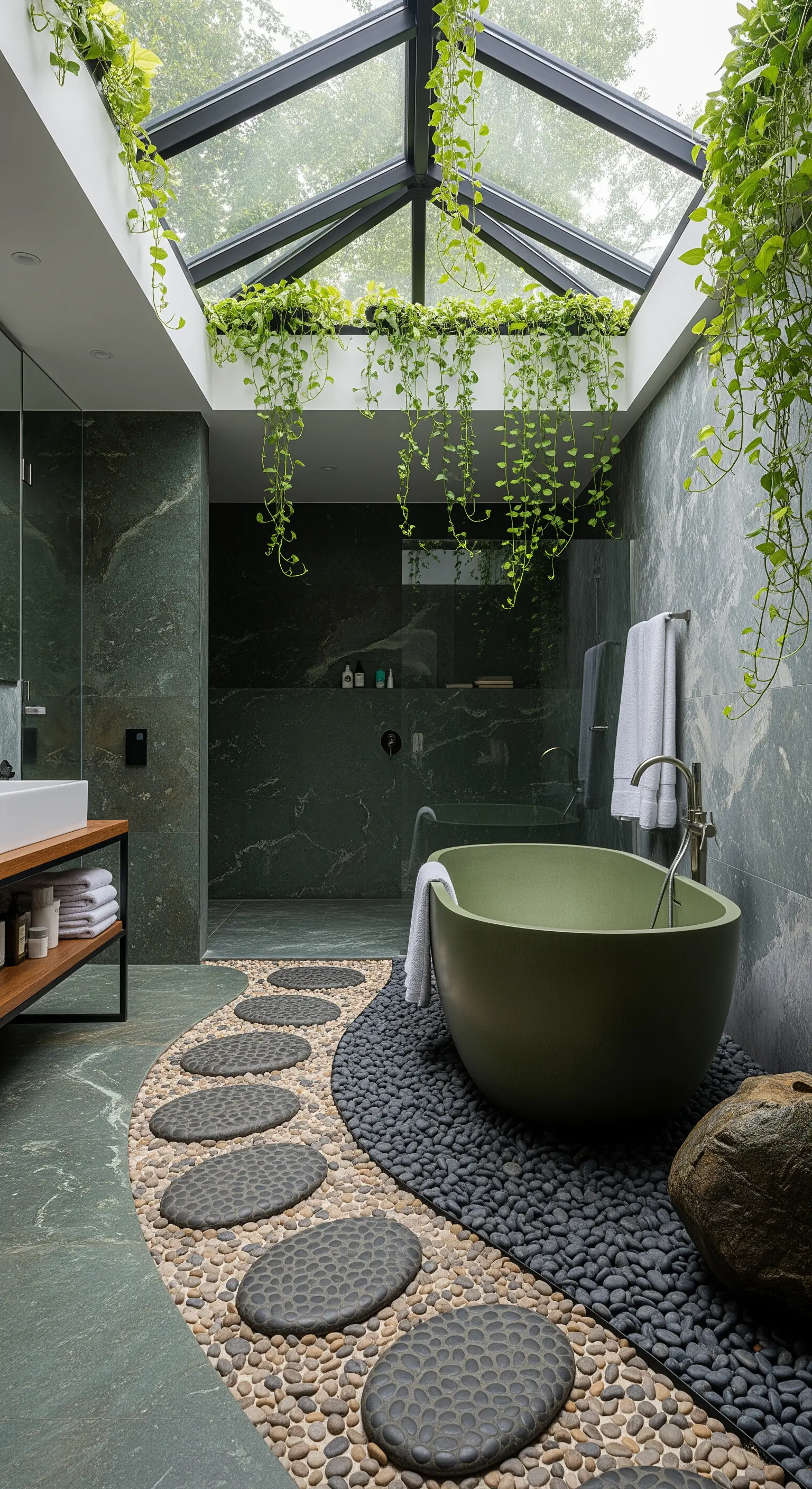 Olivgrüne Badewanne auf Kieselsteinen, umgeben von Hängepflanzen unter einem Glasdach.