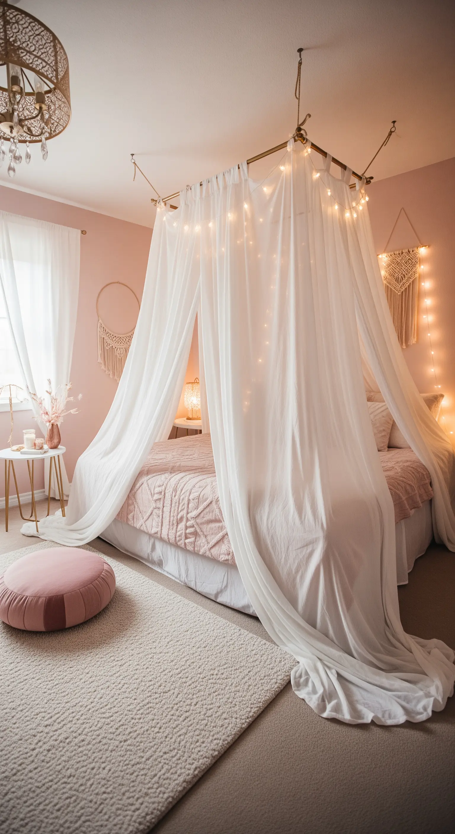 Romantisches Bett mit einem durchsichtigen Baldachin, der mit Lichterketten verziert ist.