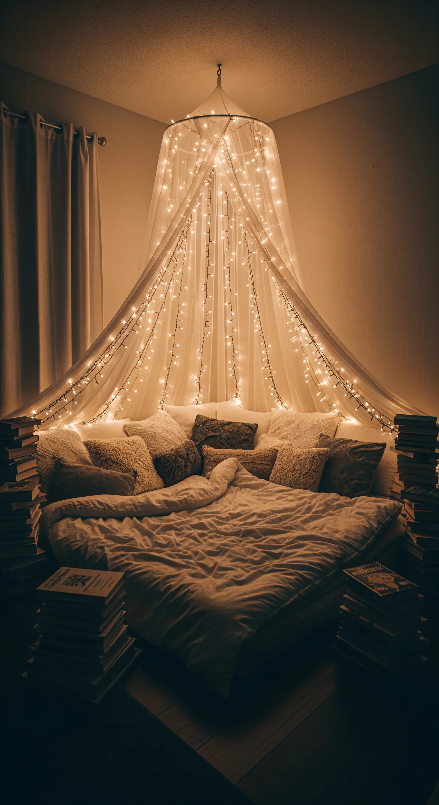 Gemütliches Bett unter einem DIY-Baldachin aus Stoff und Lichterketten, umgeben von Bücherstapeln.