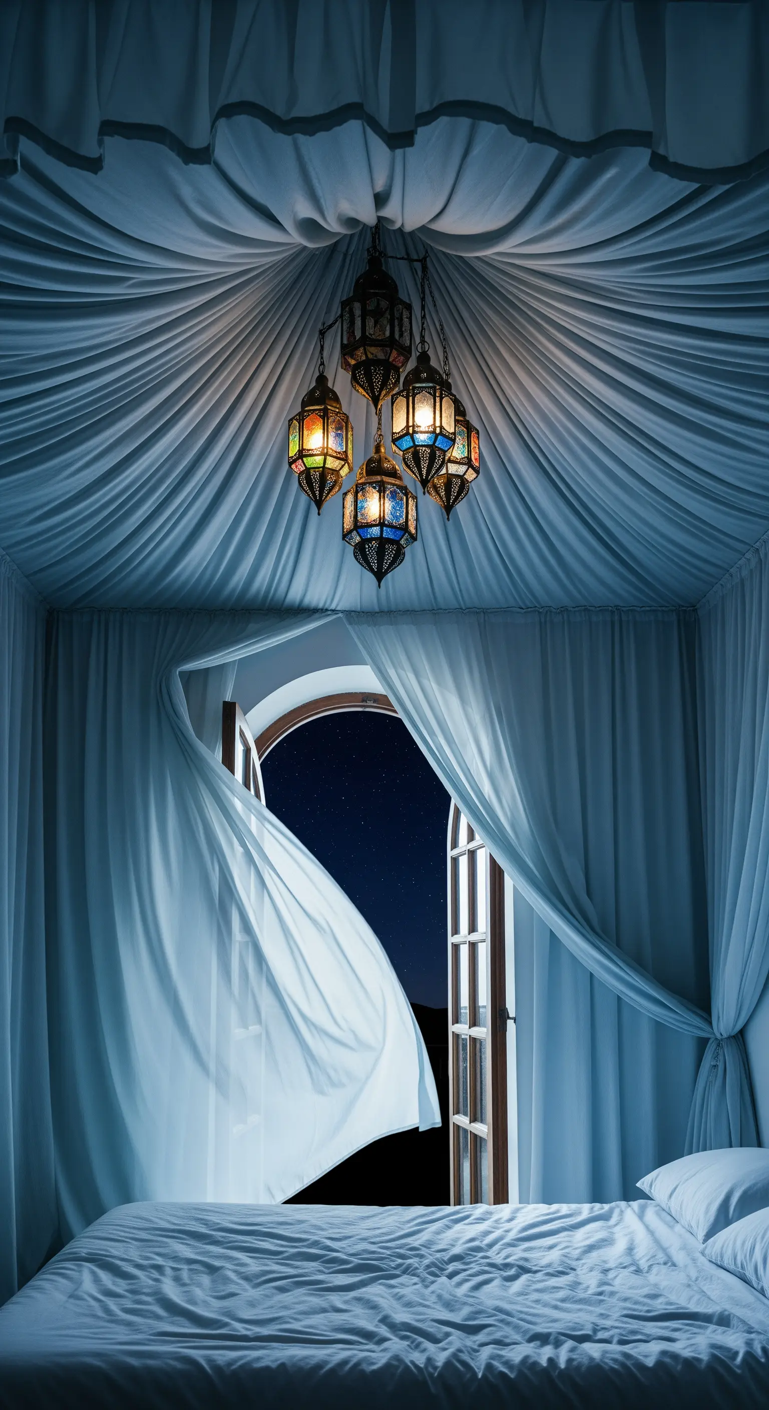 Ein Bett unter einem Baldachin aus blauem Stoff mit bunten marokkanischen Laternen.