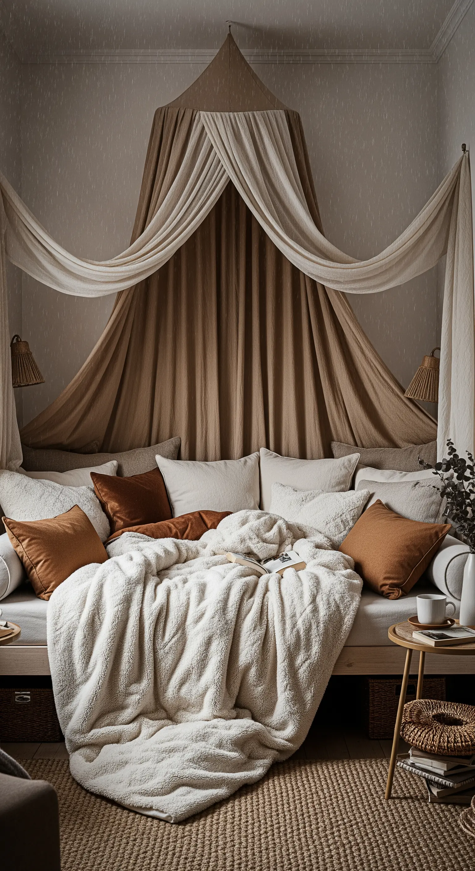 Bett mit einem Betthimmel aus beigen Stoffen und vielen Kissen in Erdtönen.