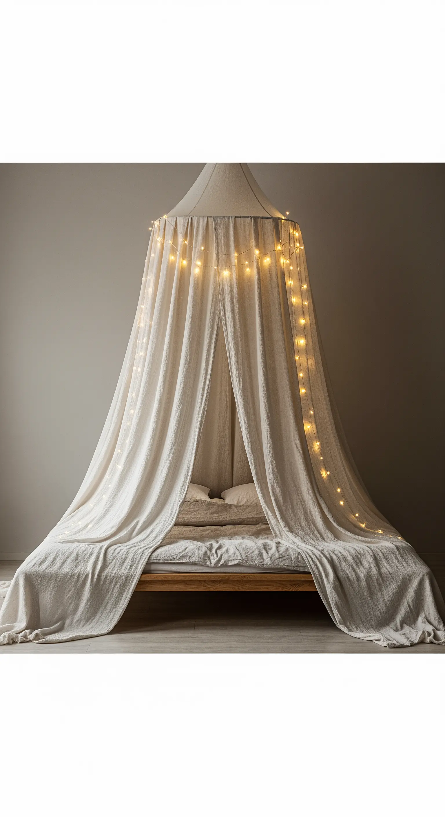 Betthimmel aus Leinen, dekoriert mit herabhängenden Lichterketten