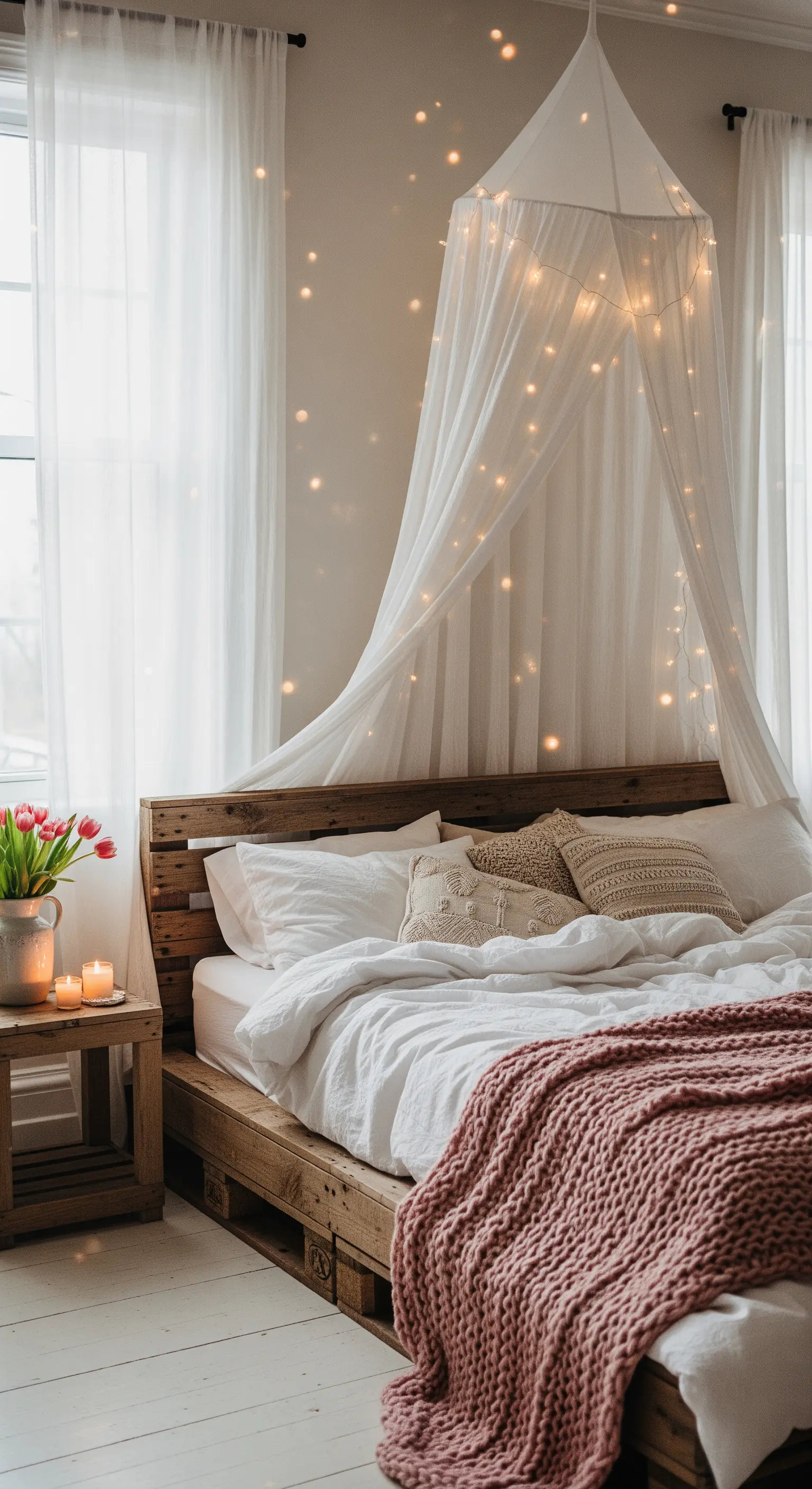 Romantisches Boho-Schlafzimmer mit Palettenbett, Betthimmel und Lichterketten.