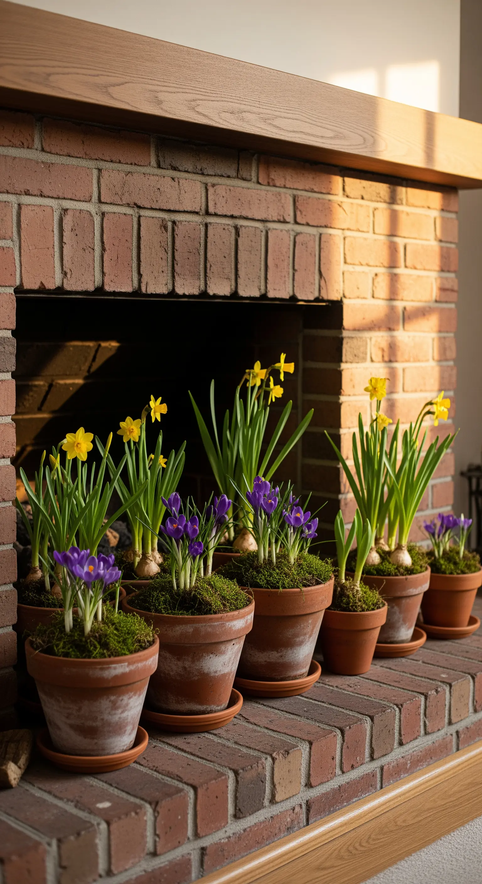 Frühlingsblumen wie Narzissen in Terrakottatöpfen im Kamin.
