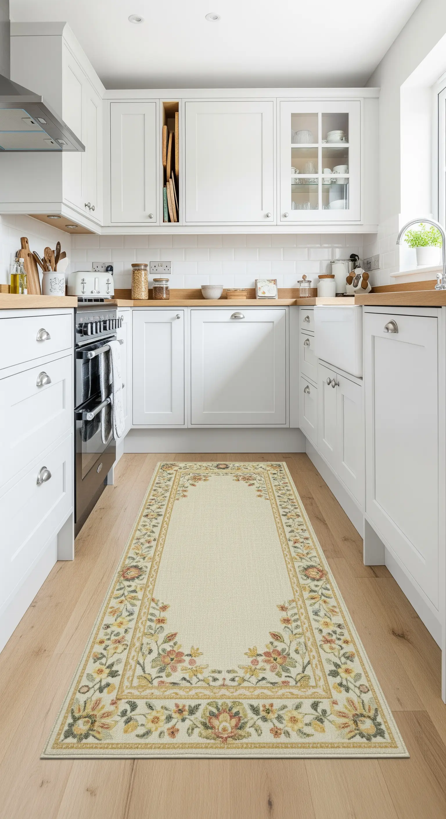 Langer Teppichläufer mit einem traditionellen Blumenmuster in einer schmalen, weißen Küche