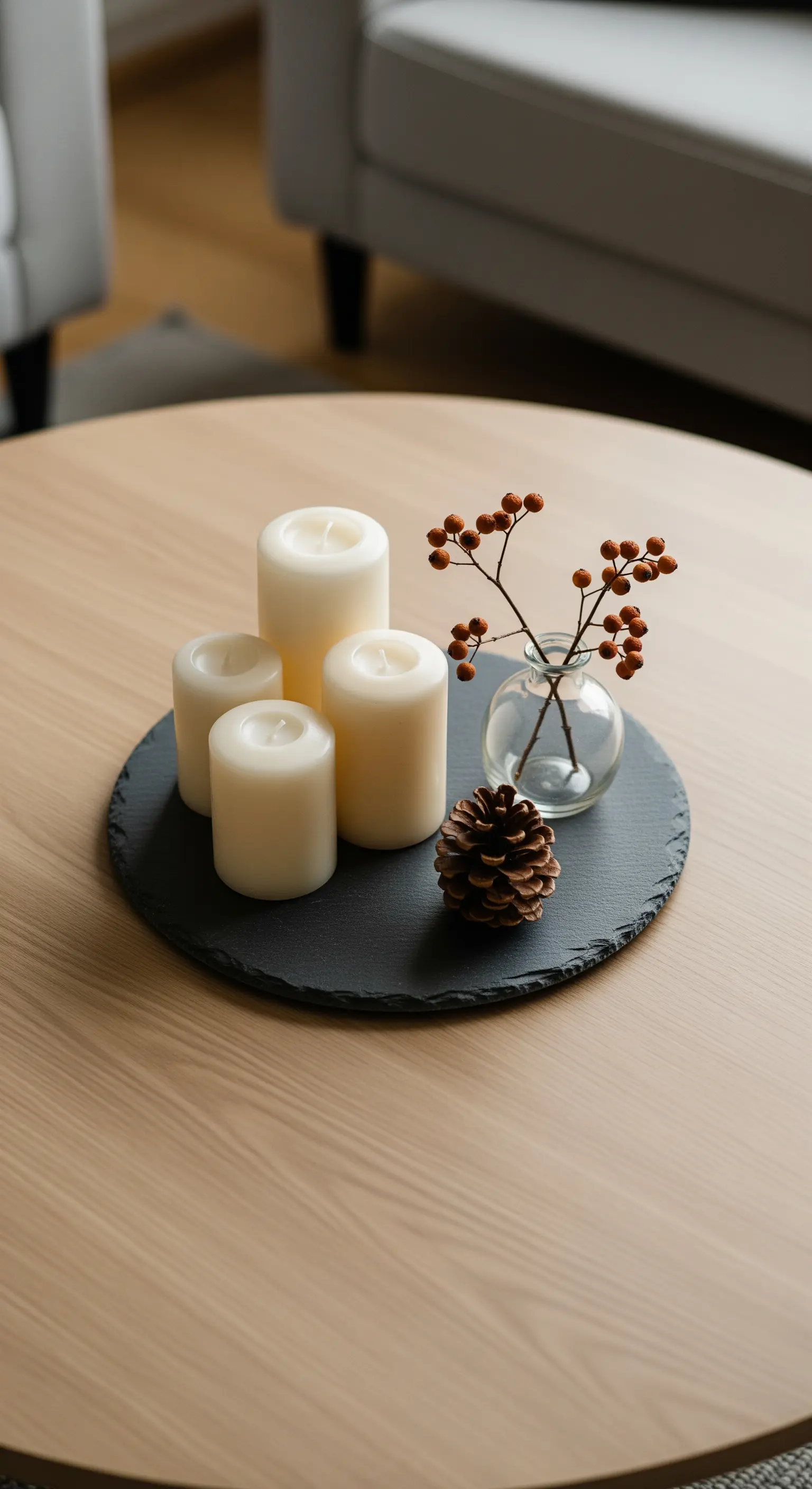 Kerzen, Beeren und ein Tannenzapfen auf einer runden Schieferplatte.