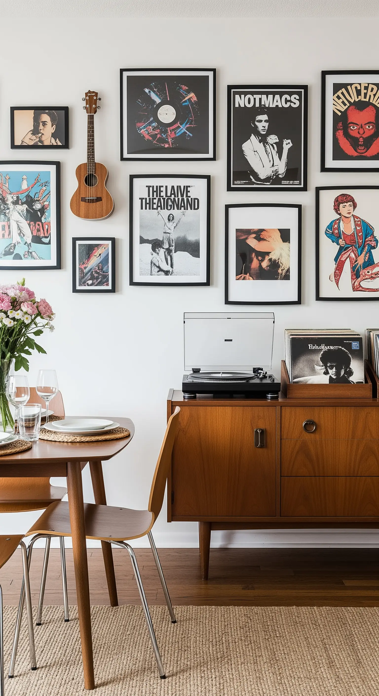 Essbereich im Retro-Stil mit einem Plattenspieler und einer Galeriewand aus Musikpostern.