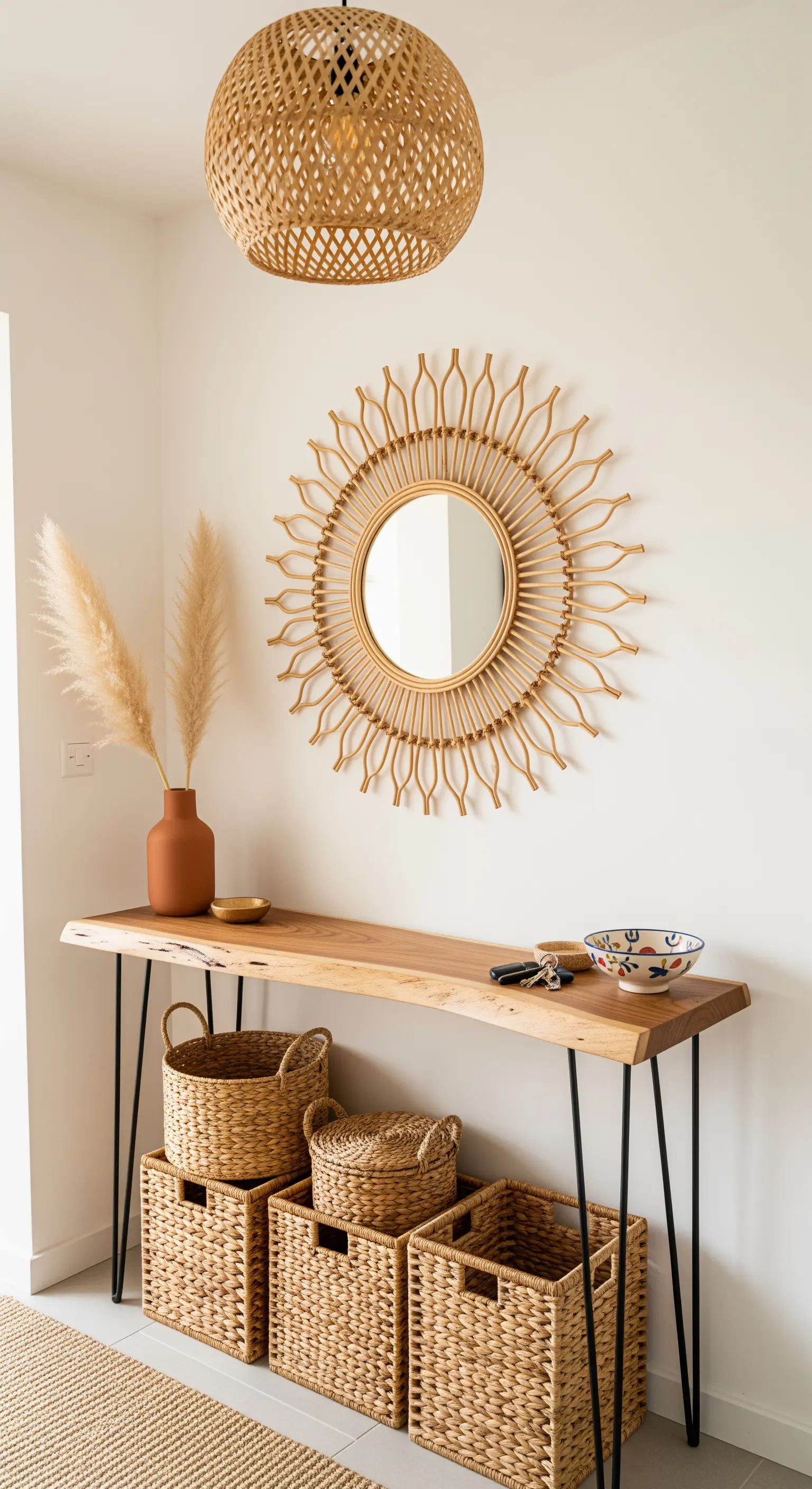Heller Boho-Eingangsbereich mit Holztisch, Rattanspiegel und Körben als Stauraum.