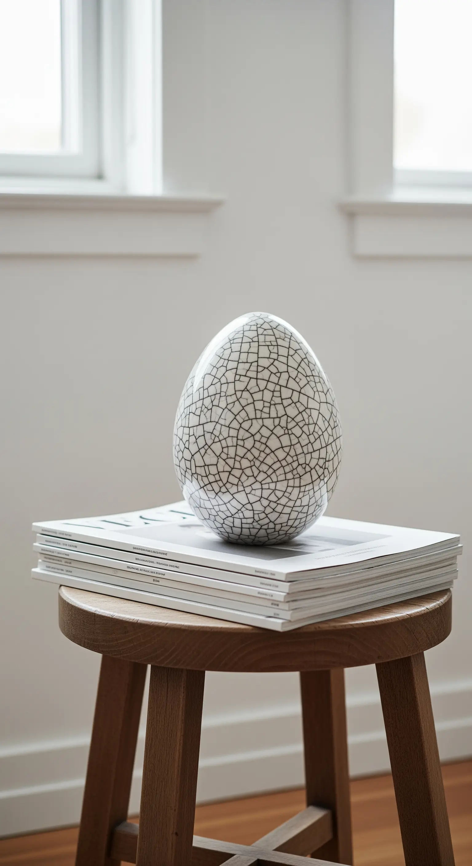 Großes Deko-Ei mit Krakelee-Muster liegt auf einem Stapel Magazine auf einem Holzhocker.