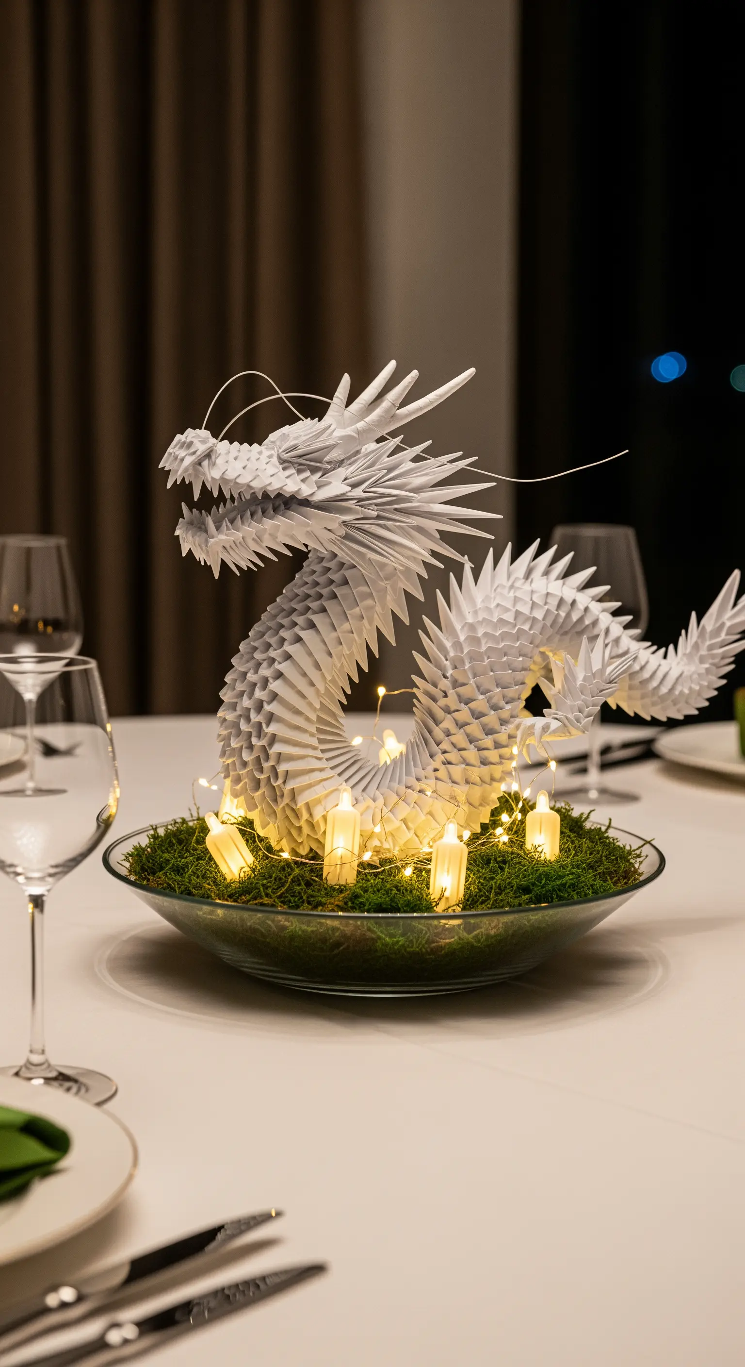 Detaillierte weiße Drachenskulptur aus Papier als Tafelaufsatz mit Lichterkette.