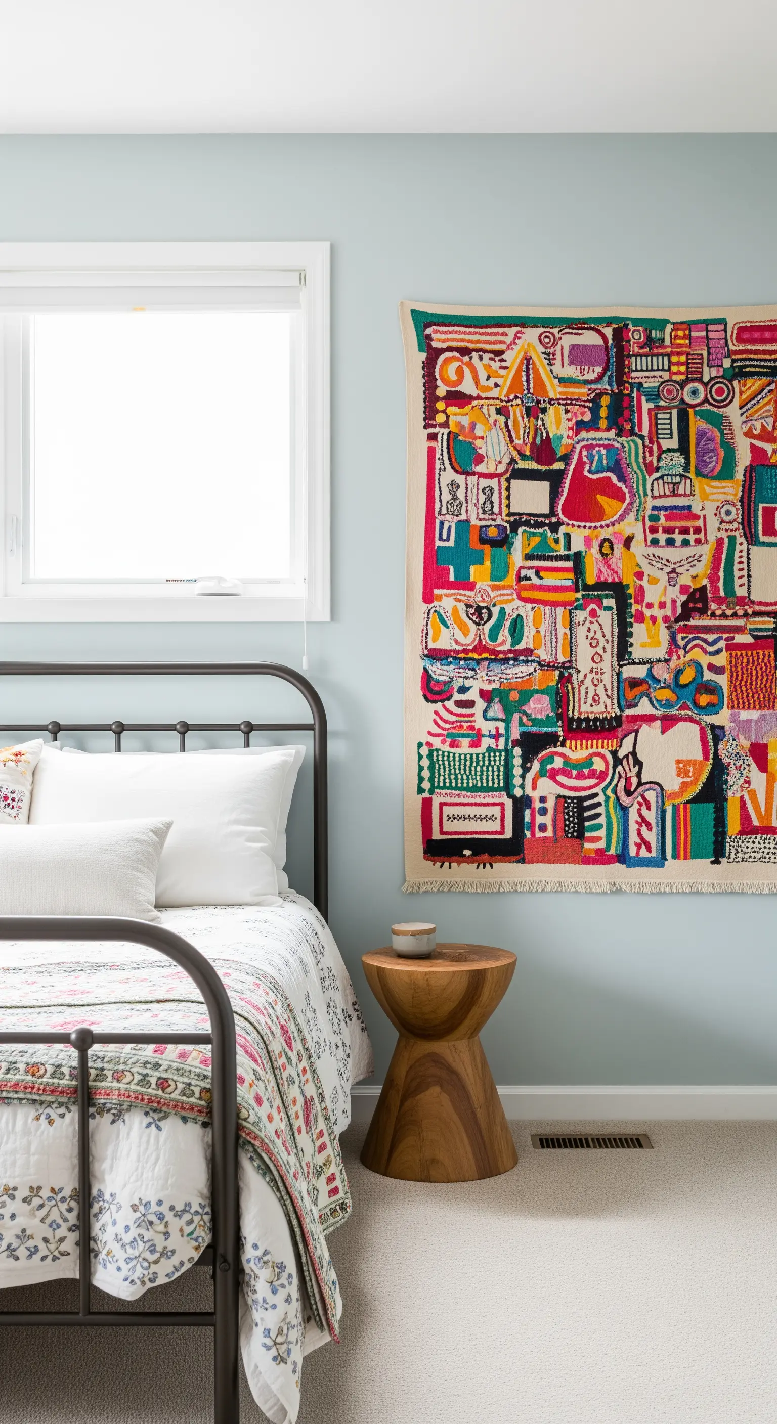 Ein großer, farbenfroher und gemusterter Wandteppich hängt über einem Bett als Kunstwerk.