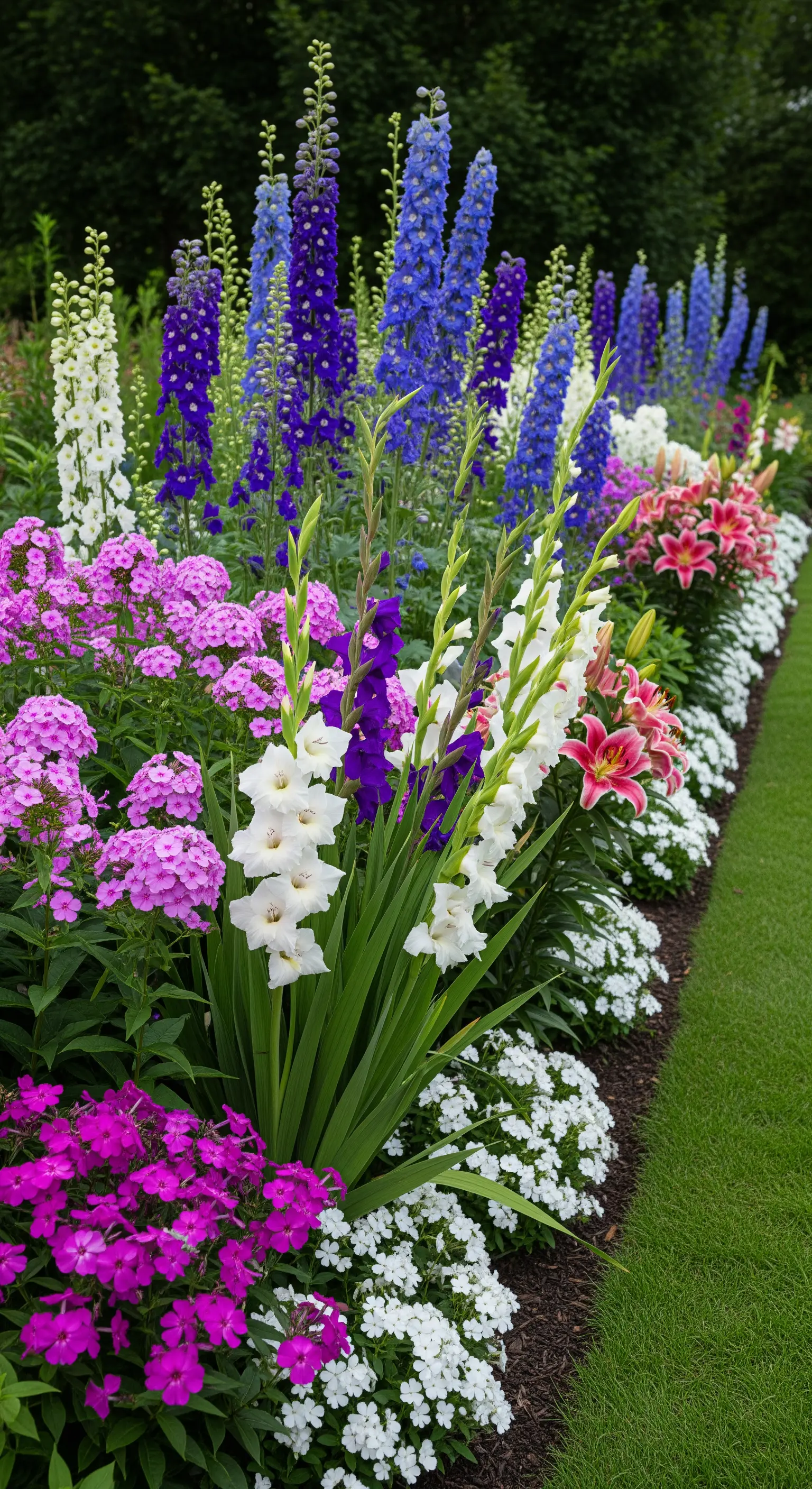 Ein üppiges Staudenbeet mit Rittersporn, Phlox, Gladiolen und Lilien in Blau, Lila, Rosa und Weiß.