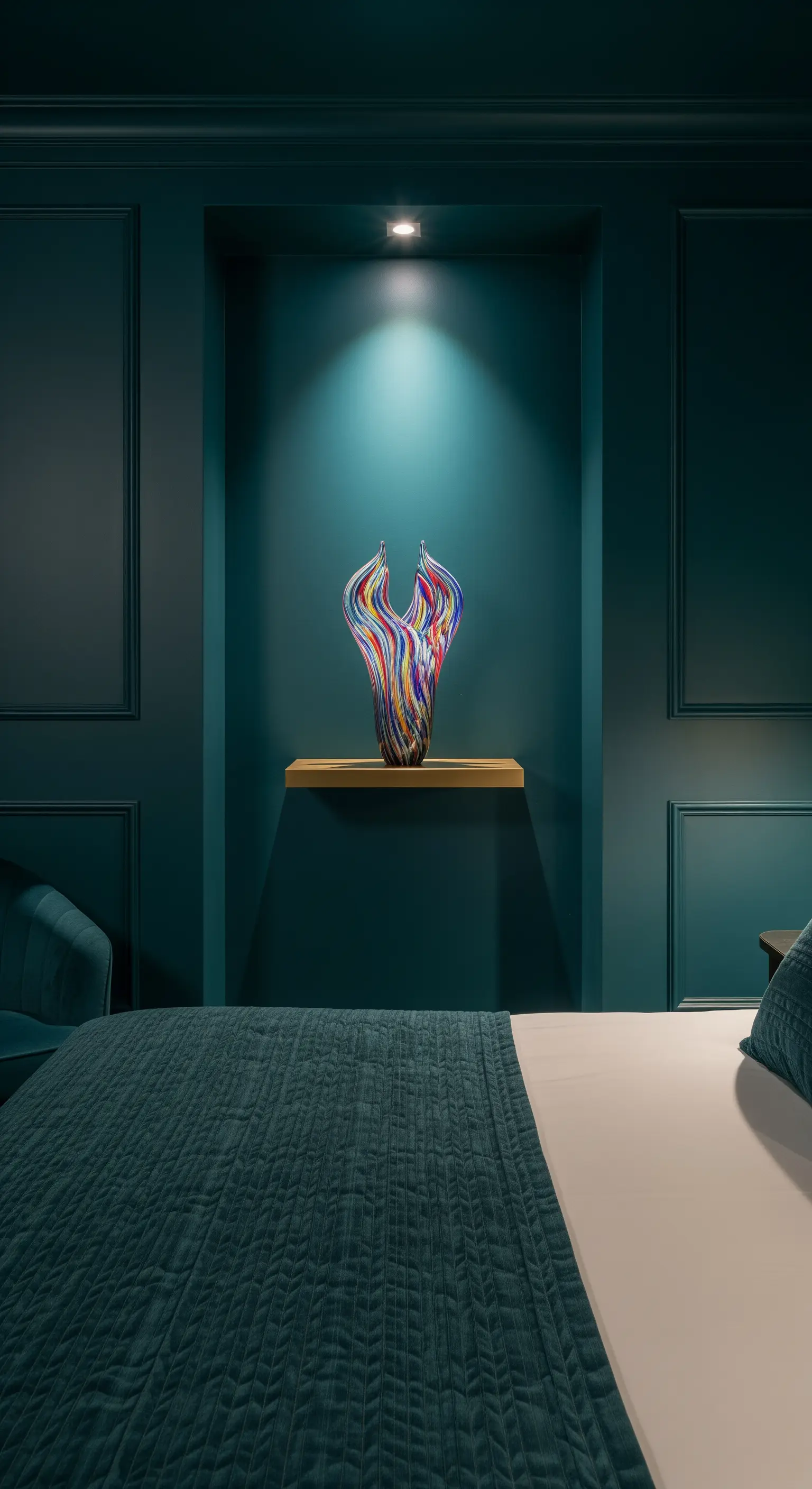 Bunte Glasvase in einer beleuchteten Wandnische vor einer dunkelblauen Wand.