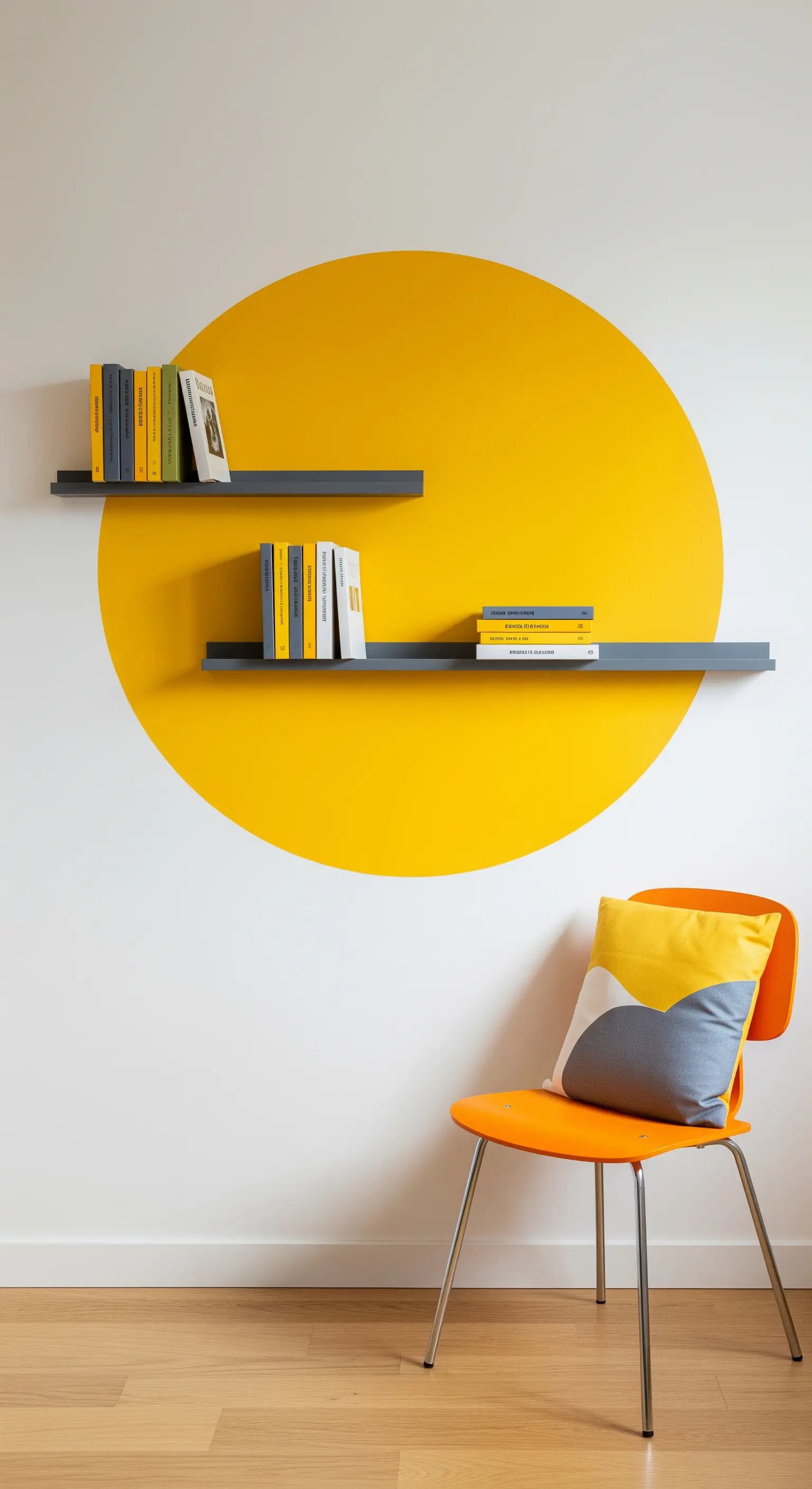 Großer gelber Kreis an der Wand hinter zwei grauen Bücherregalen.