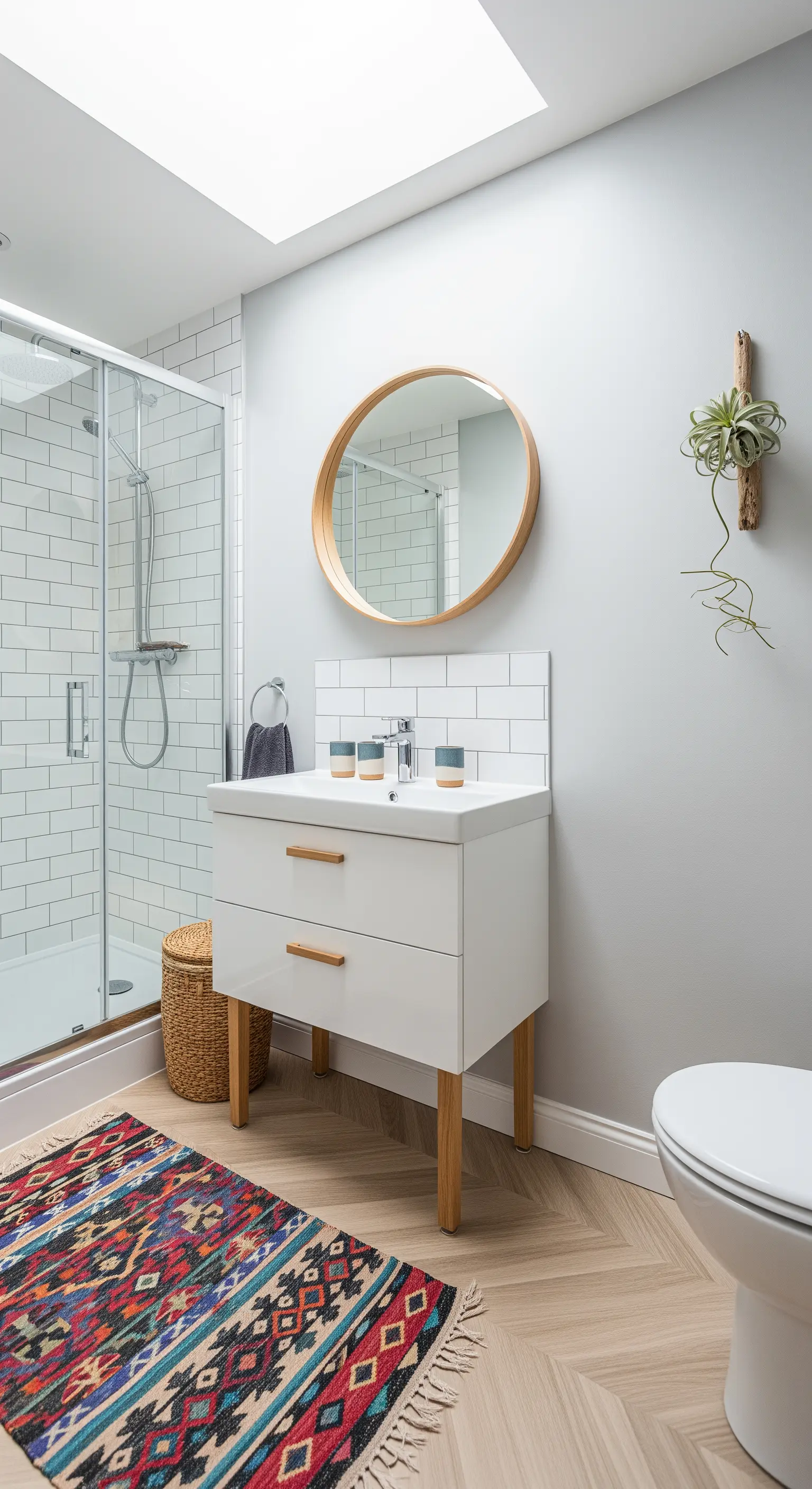 Weißes Badezimmer mit buntem Kelim-Teppich und rundem Holzspiegel.