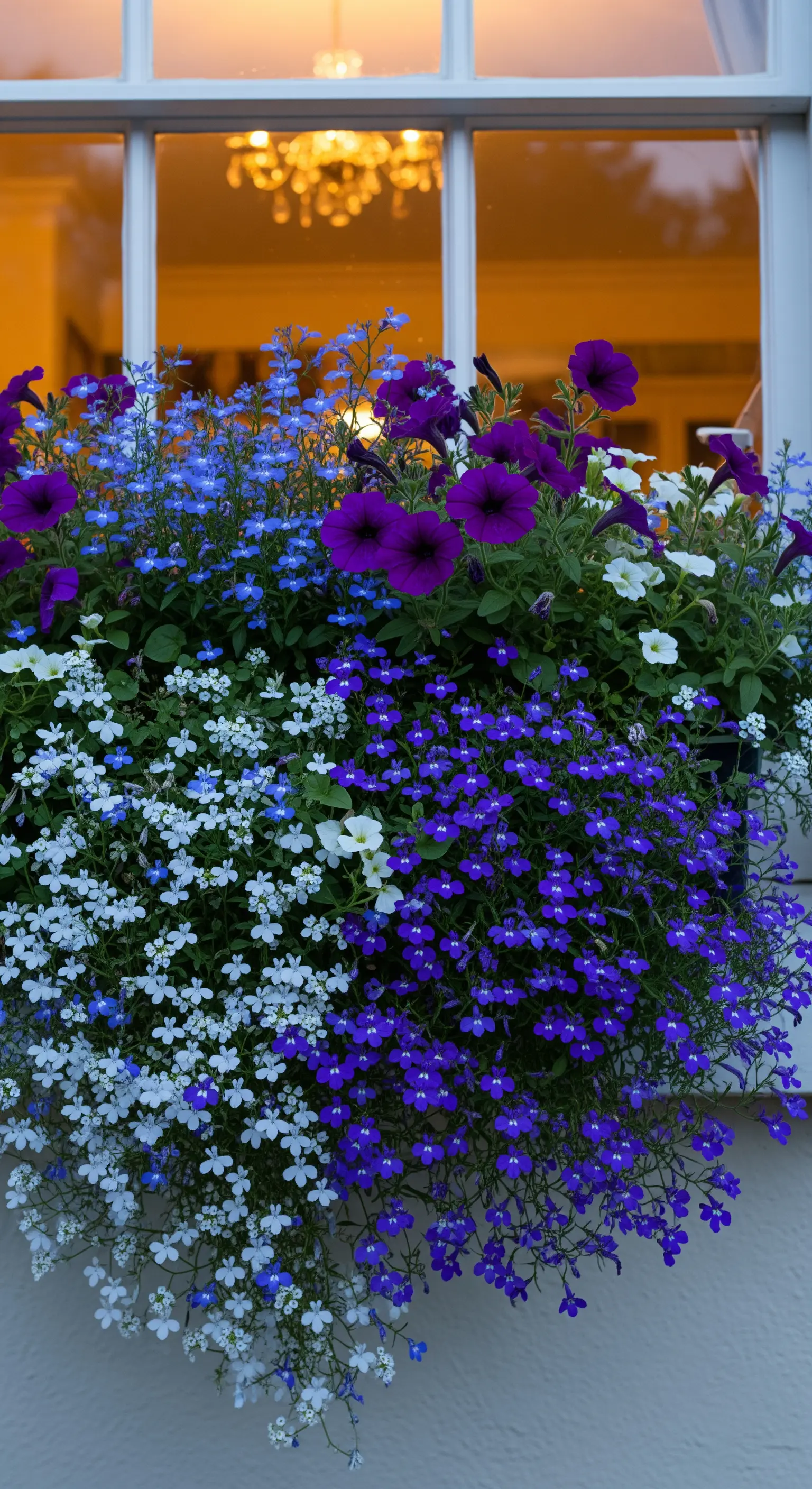 Ein üppig bepflanzter Fensterkasten mit blauen, lila und weißen Blumen vor einem erleuchteten Fenster.