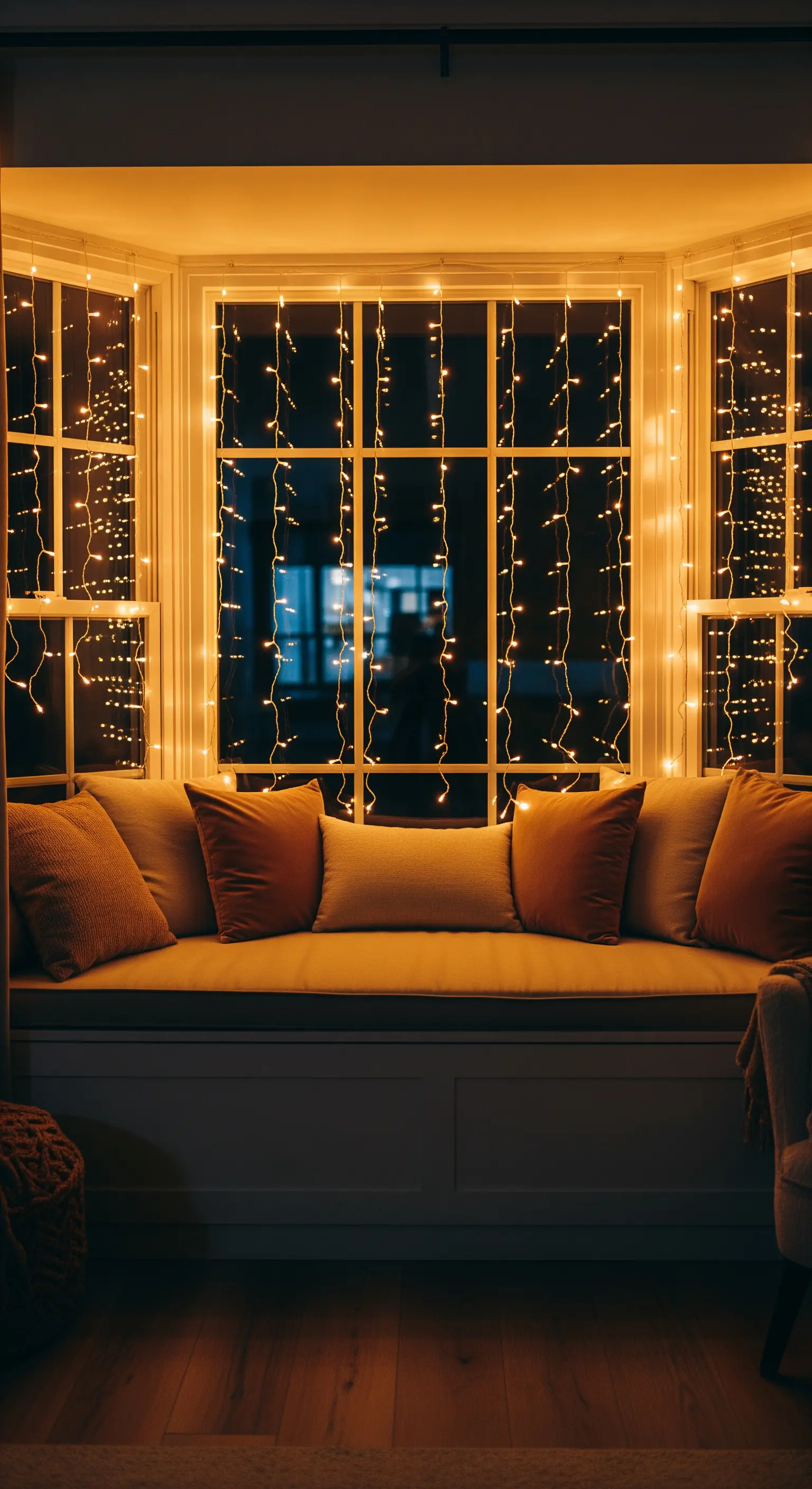 Ein großes Erkerfenster, dekoriert mit einem warmweißen Lichtervorhang, davor eine gemütliche Sitzbank.