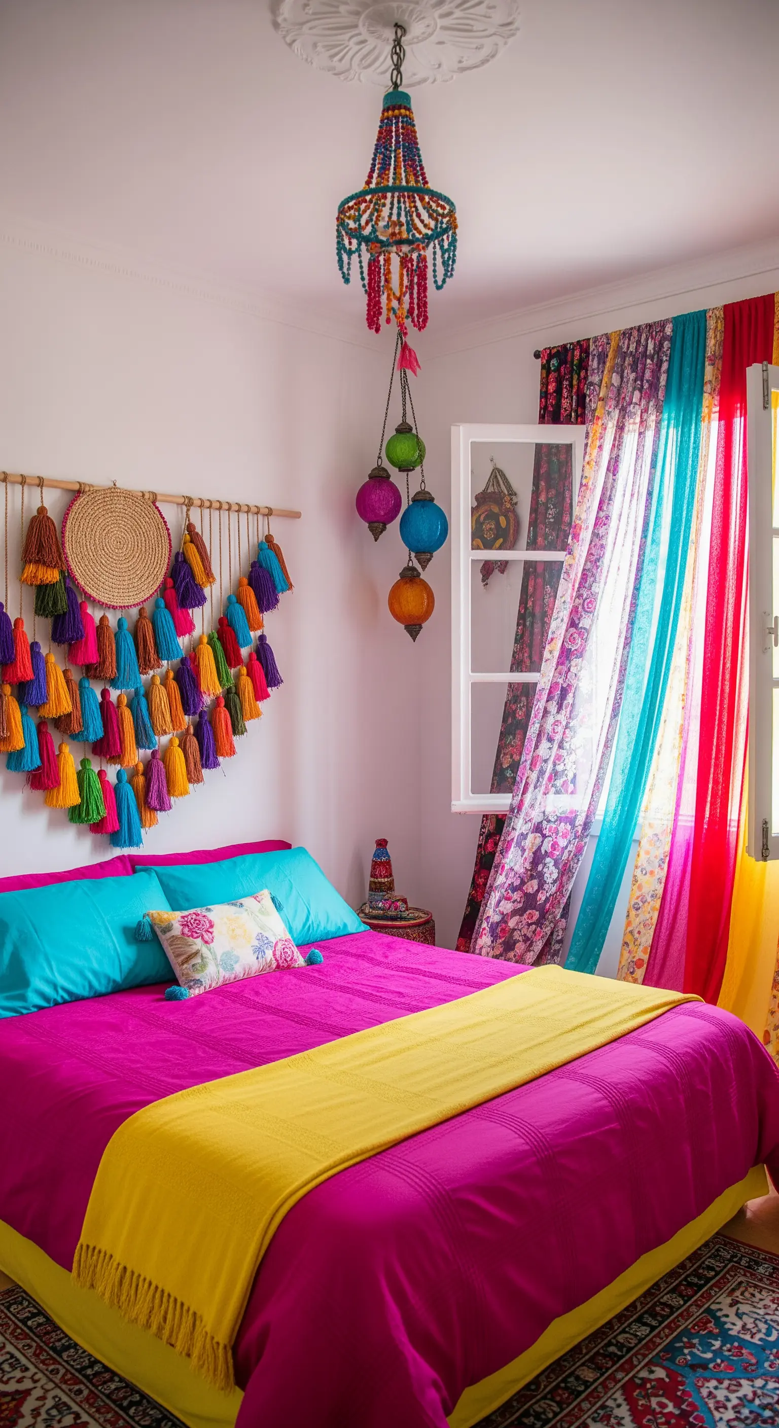 Farbenfrohes Boho-Schlafzimmer mit pinker Bettwäsche, bunten Quasten und türkisen Akzenten.