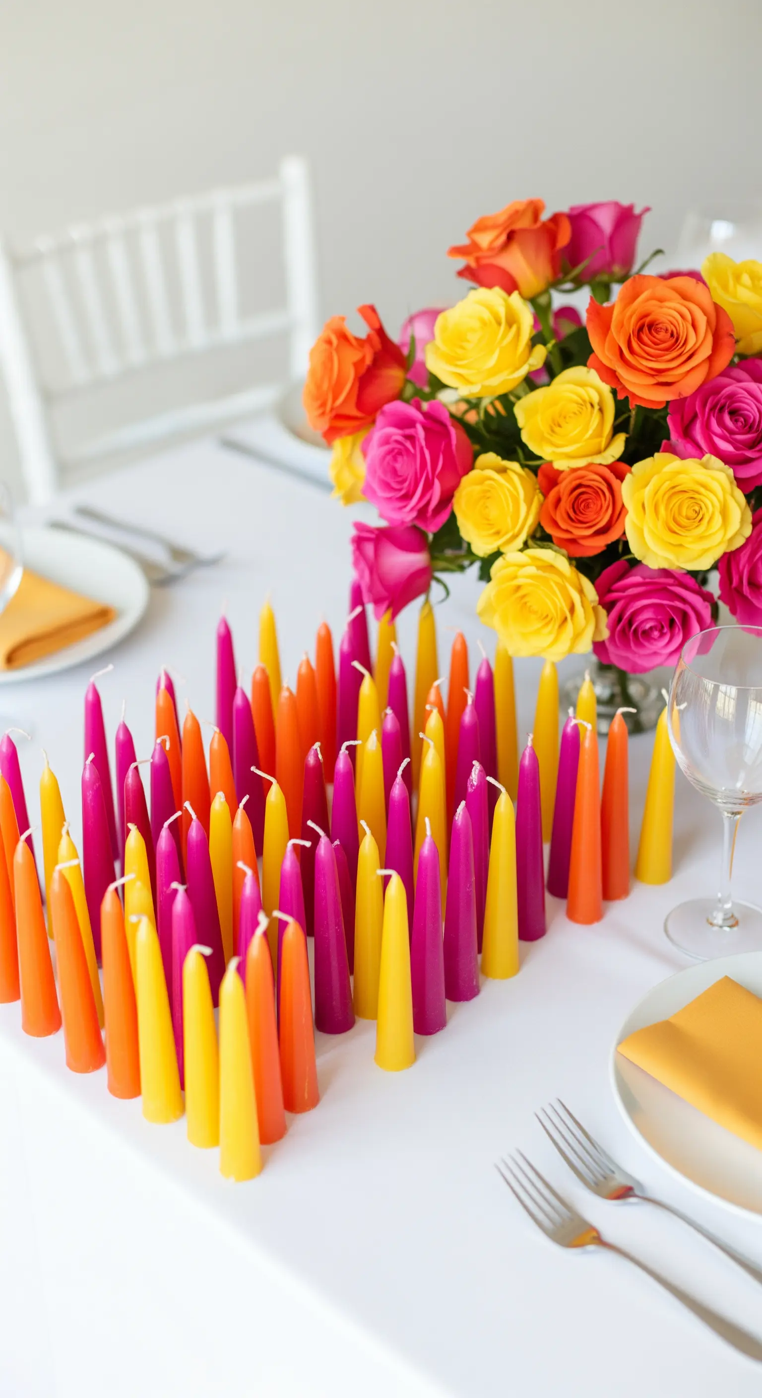 Modernes Centerpiece aus vielen bunten, kegelförmigen Kerzen in Pink, Gelb und Orange.