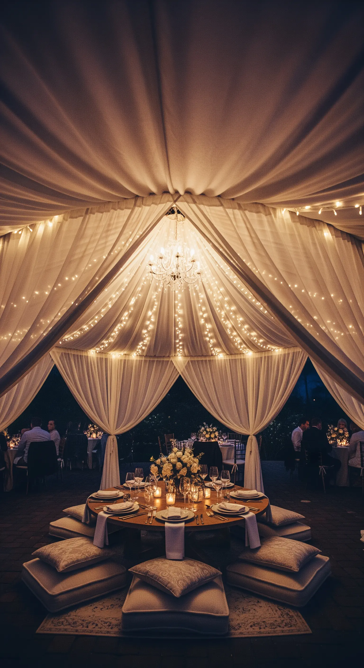 Elegantes Dinner-Setting in einem Zelt aus weißen Stoffbahnen und Lichterketten.