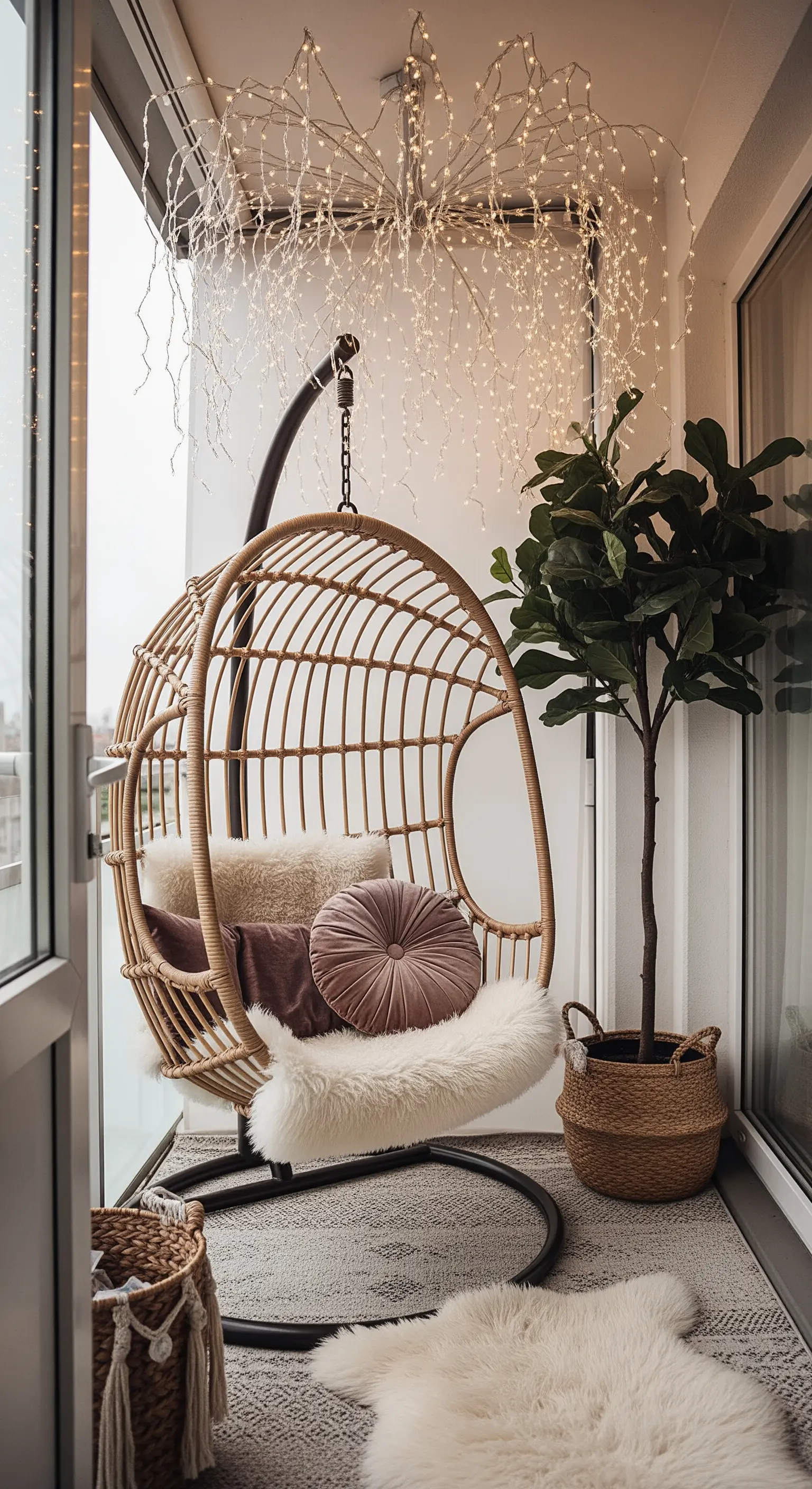 Rattan-Hängesessel unter einer Feuerwerk-Lichterkette auf einem modernen Boho-Balkon