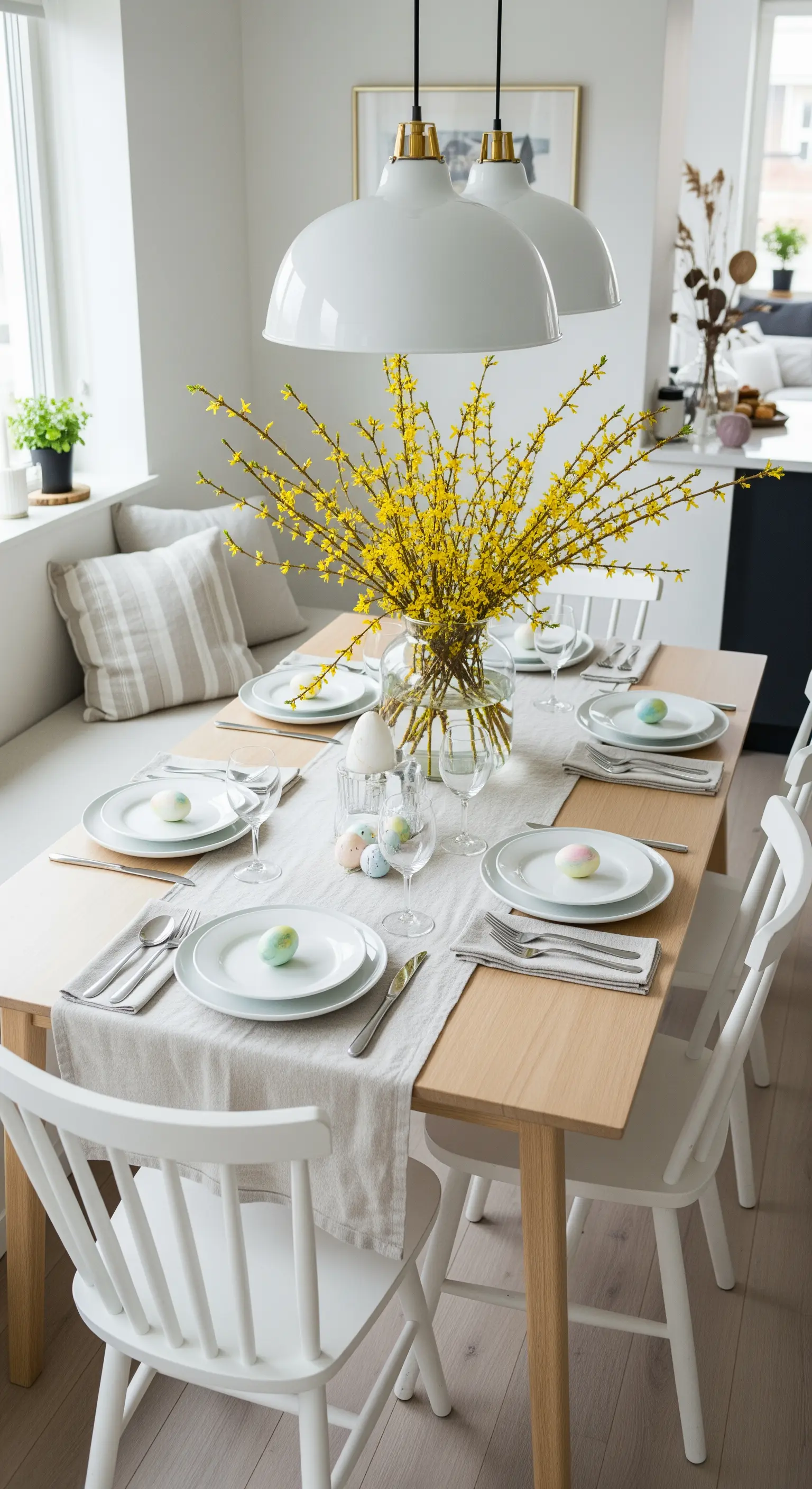 Skandinavischer Esstisch mit großem Forsythienstrauß, Leinenläufer und weißem Geschirr.