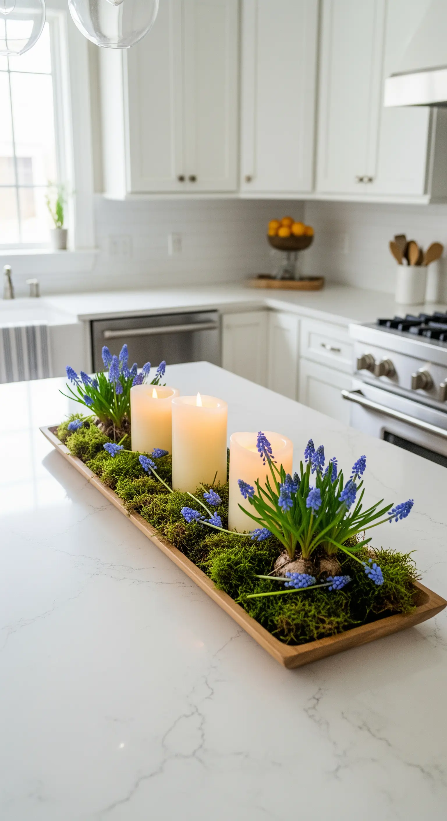 Langes Holztablett mit Moos, drei weißen Kerzen und blühenden blauen Traubenhyazinthen