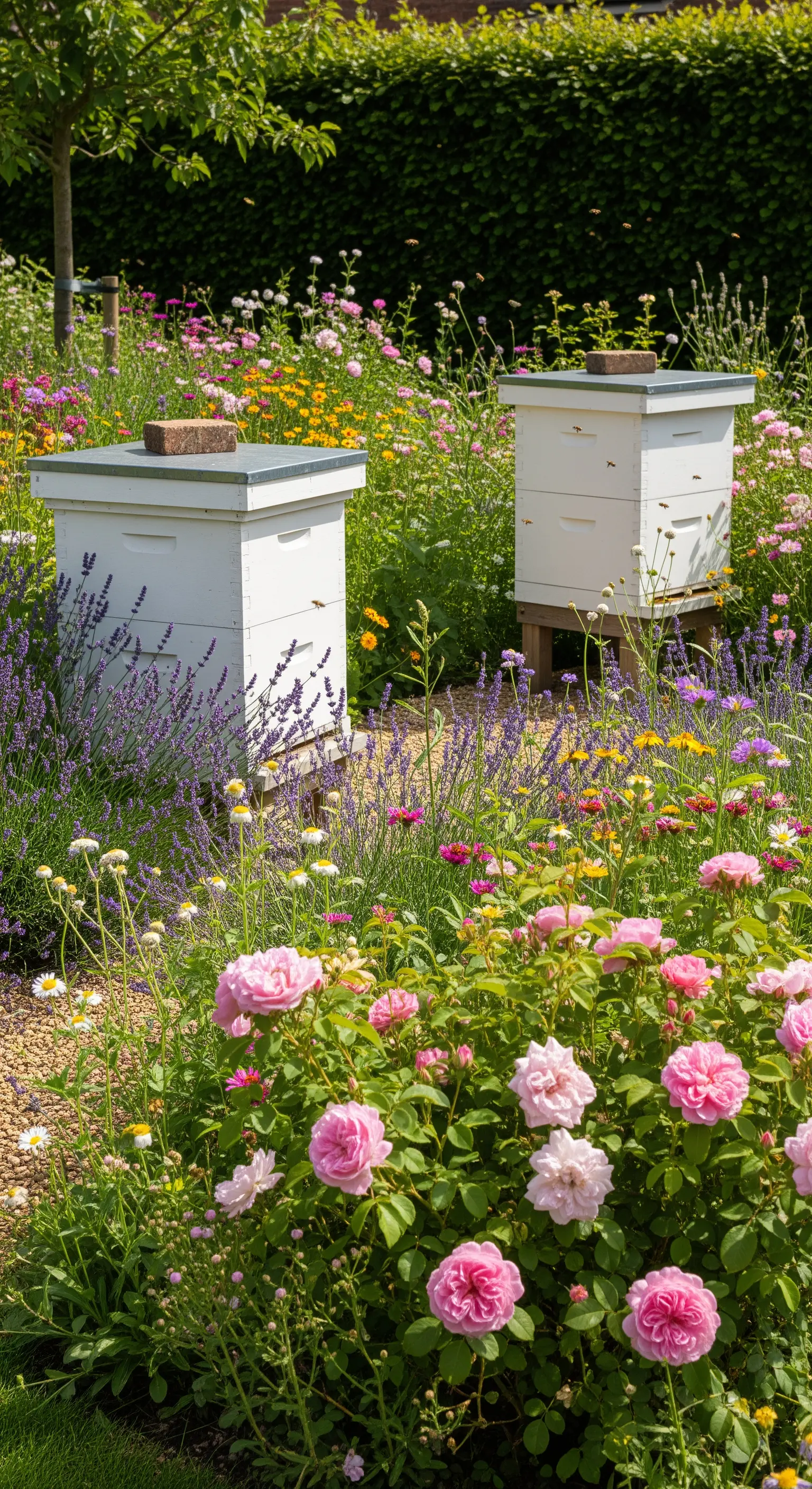 Bienenstöcke in einer bunten Wildblumenwiese mit rosa Rosen
