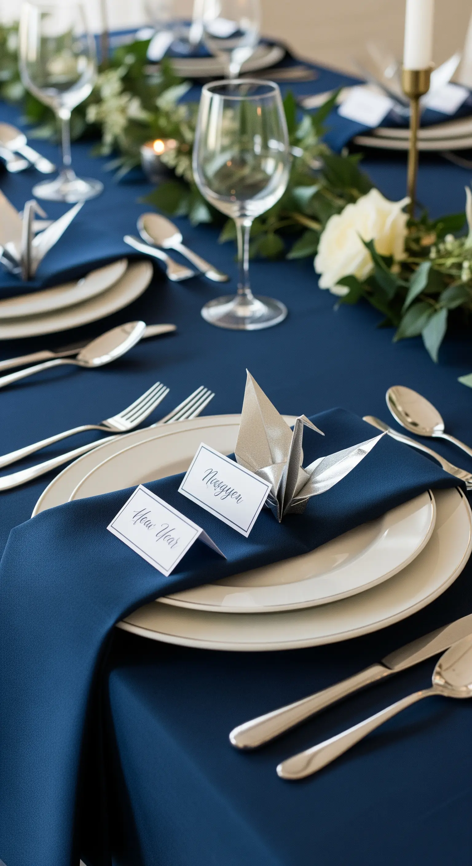 Ein silberner Origami-Kranich als Platzkartenhalter auf einem elegant gedeckten Tisch.