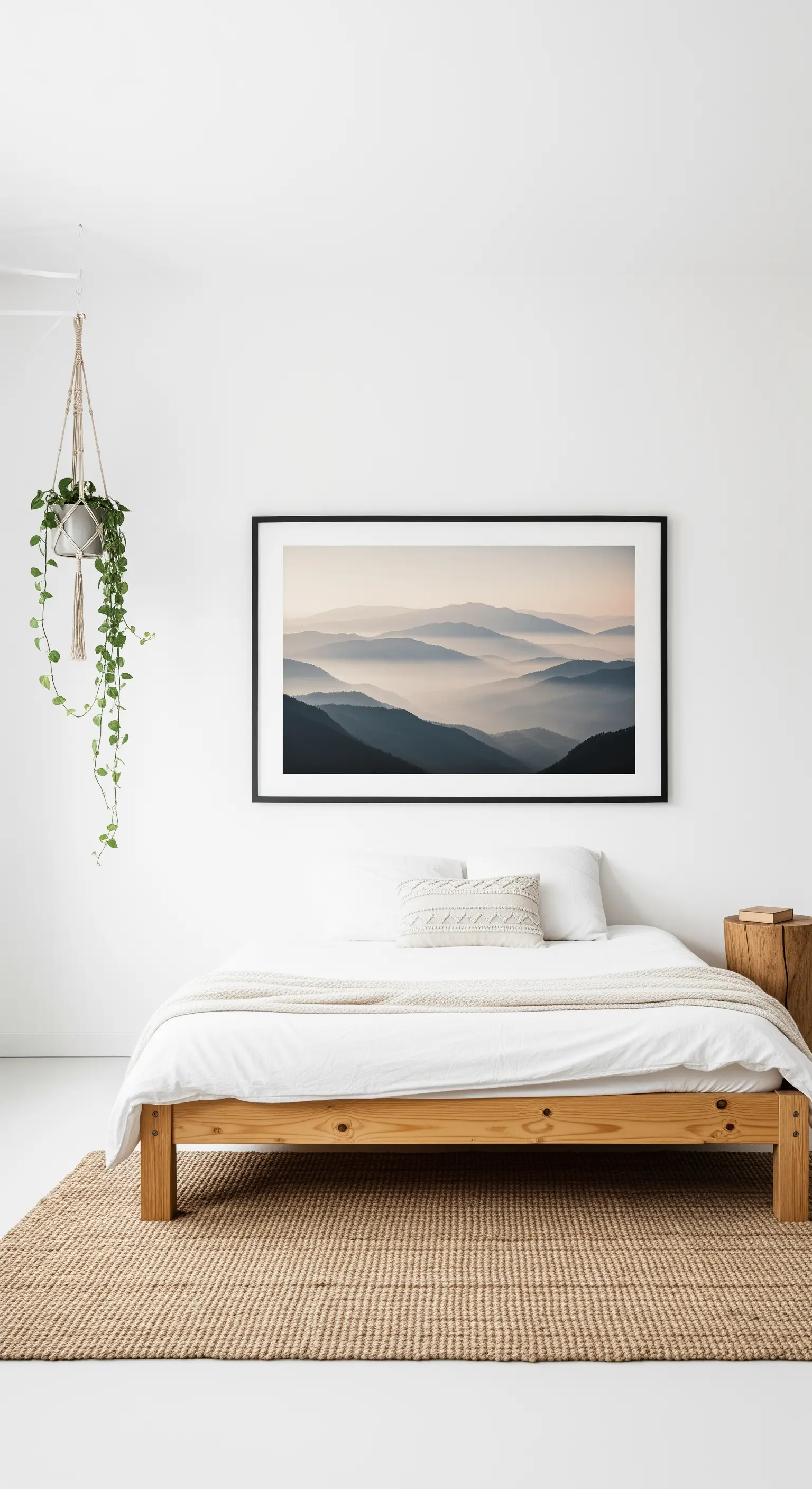 Minimalistisches Schlafzimmer mit einem großen Landschaftsfoto von Bergen über dem Bett.