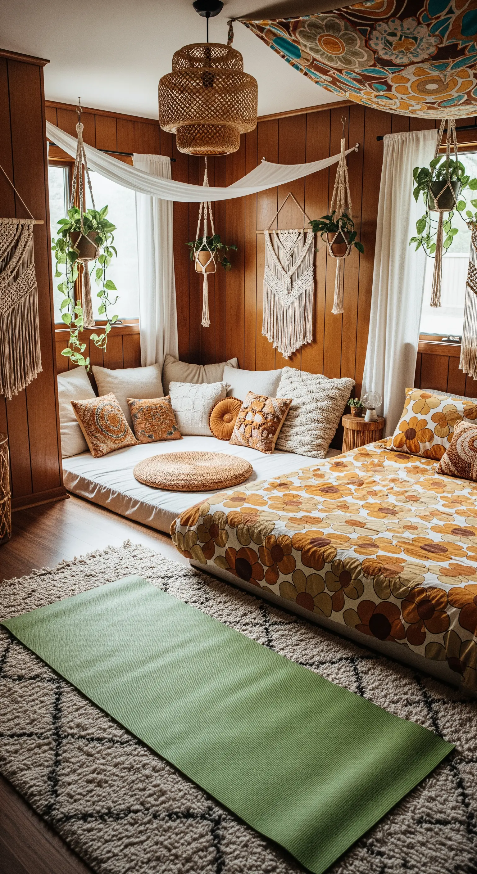 Boho-Schlafzimmer im 70er-Jahre-Stil mit Holzverkleidung und Retro-Blumenmustern.