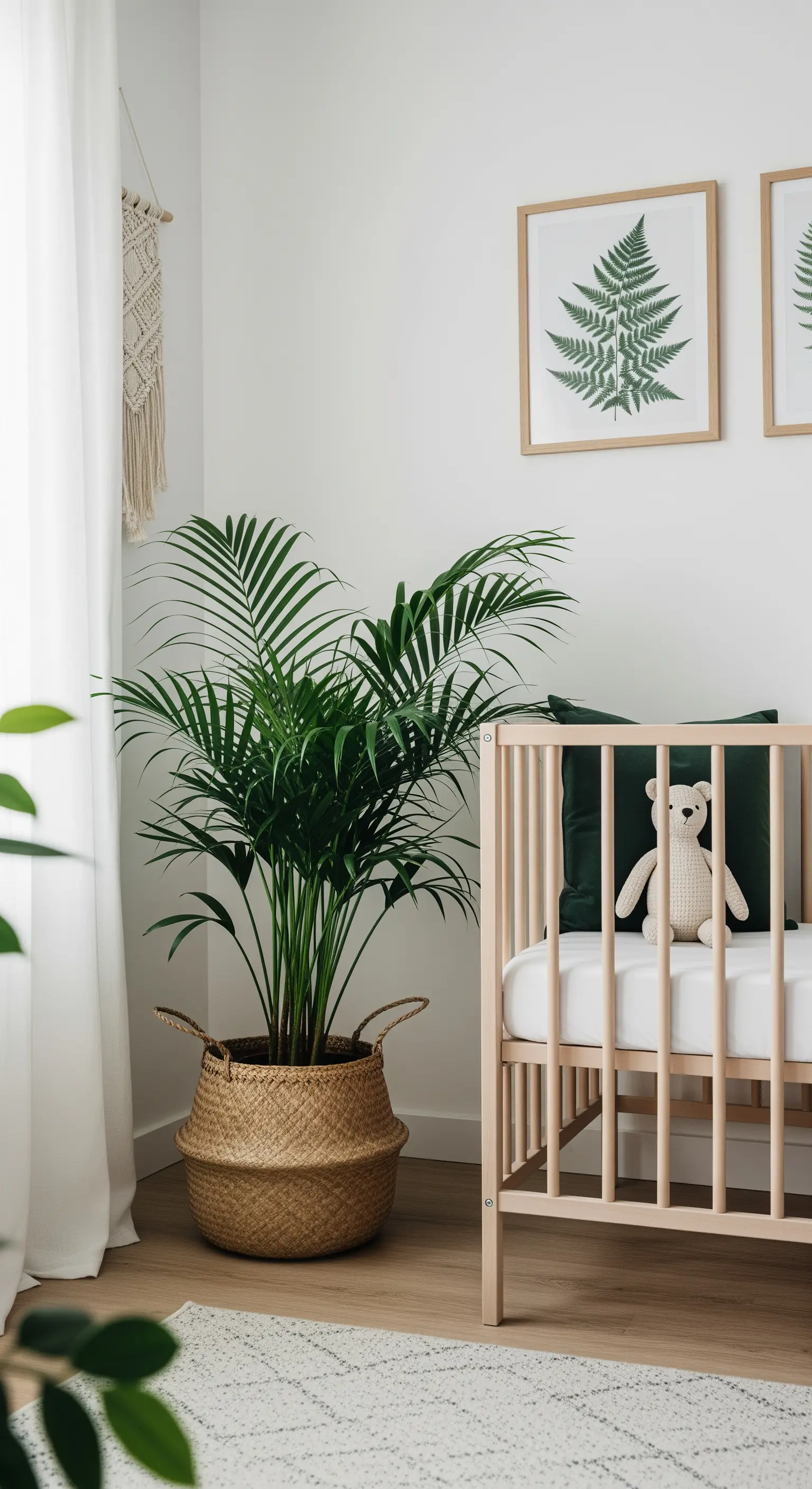 Helles Babyzimmer mit einer großen Palme in einem Korb und botanischen Bildern.
