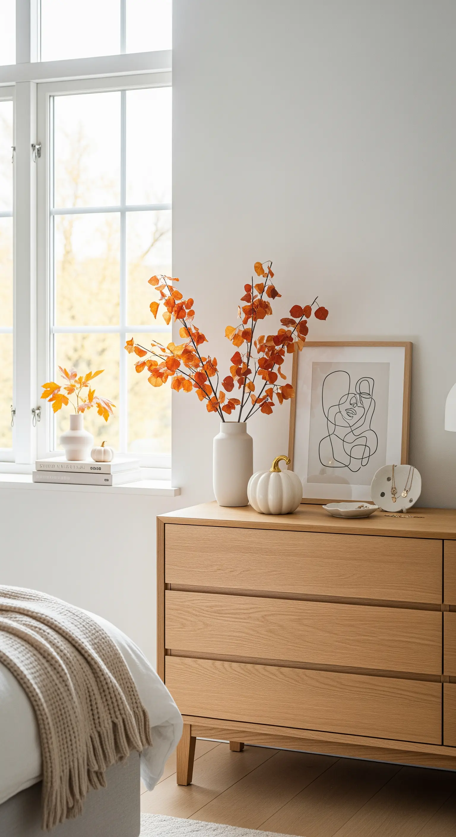 Kommode mit Vase mit orangen Zweigen und einem einzelnen weißen Kürbis.