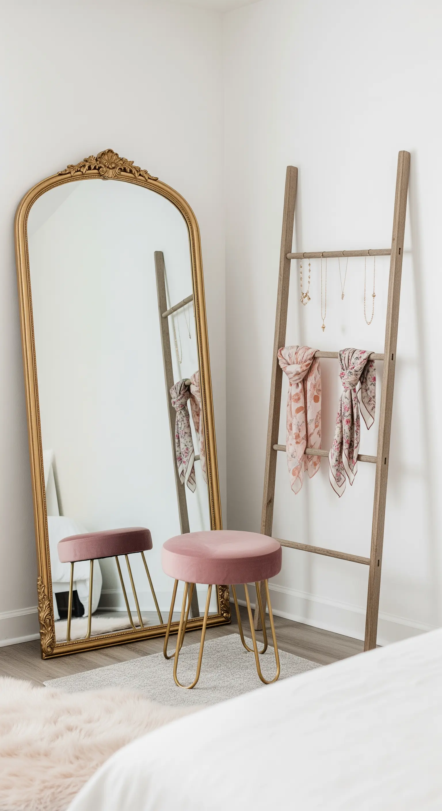 Großer, goldgerahmter Vintage-Spiegel, der lässig an der Wand lehnt.