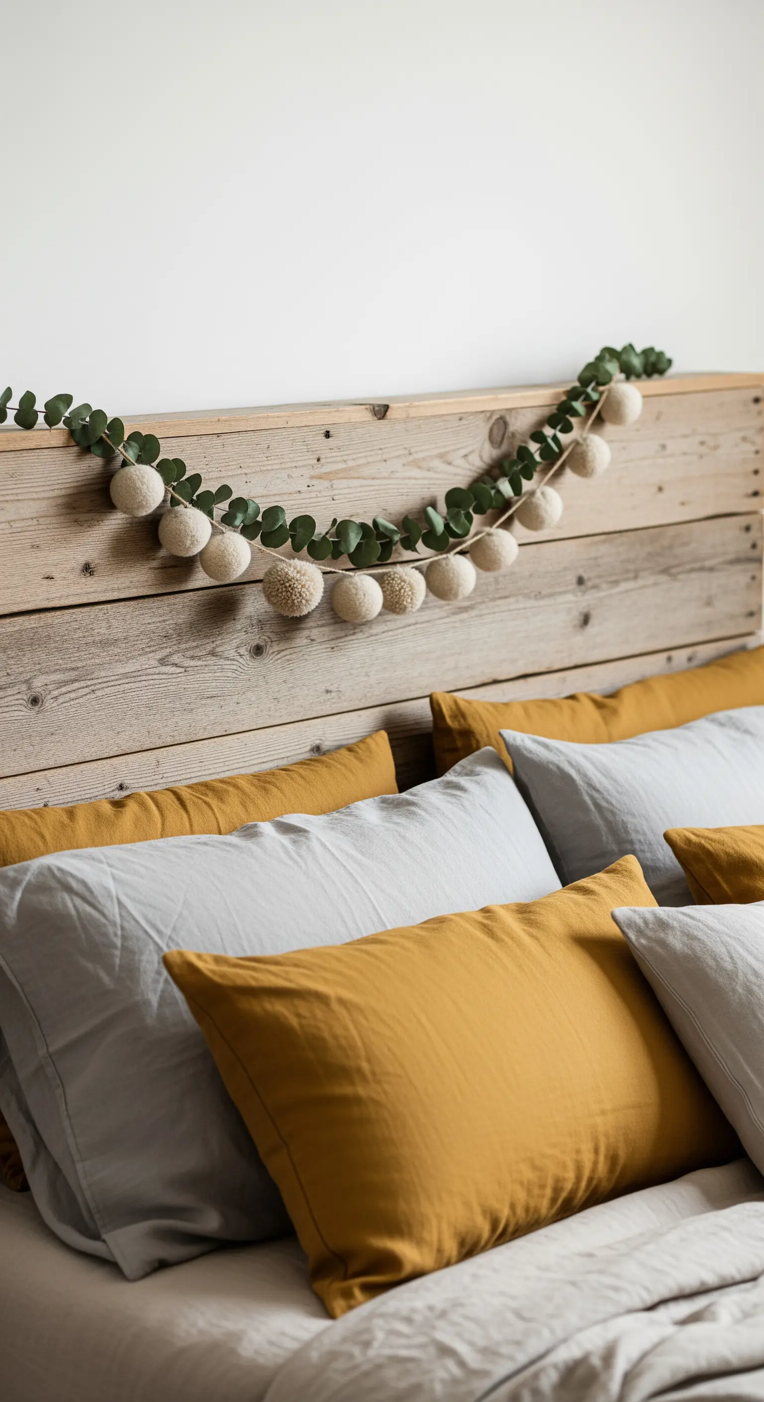 Holzkopfteil mit einer Girlande aus Woll-Pompoms und Eukalyptus.